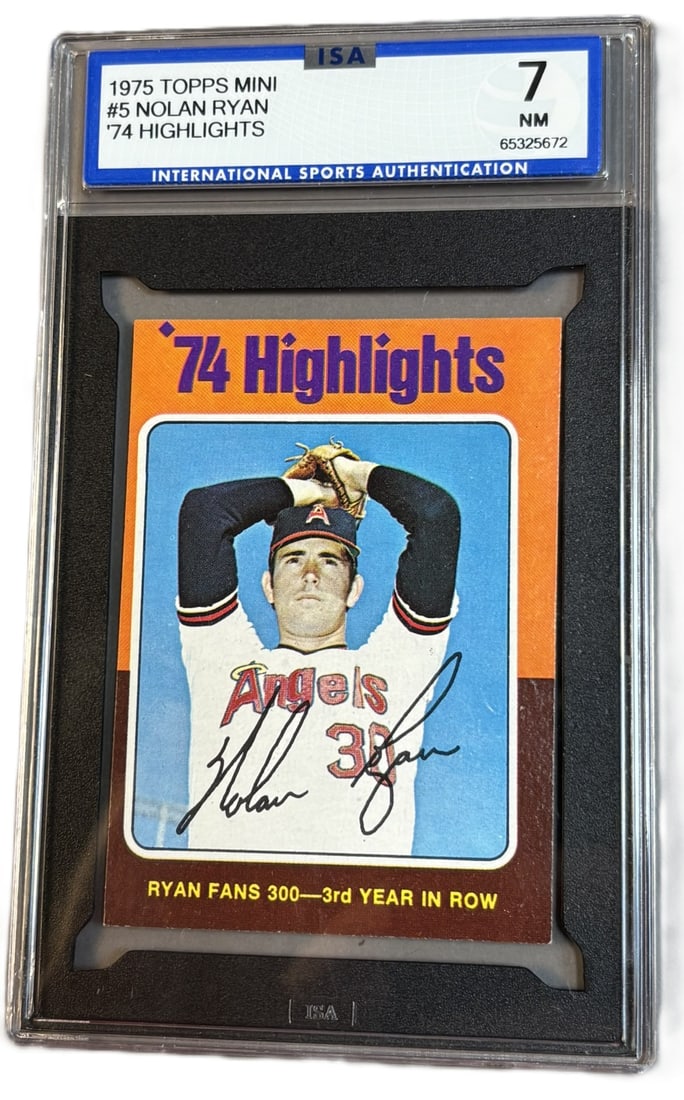 1975 Topps Mini #5 Nolan Ryan HOF ISA 7 NM Near Mint: ISA GRADED 7 Cert #65325672 PLEASE NOTE WE OFFER IN HOUSE SHIPPING & HAVE BIDDING AVAILABLE ON OUR OWN WEBSITE! If you win on LIVE AUCTIONEERS, please click "SELF ARRANGED SHIPPING" when you receive y
