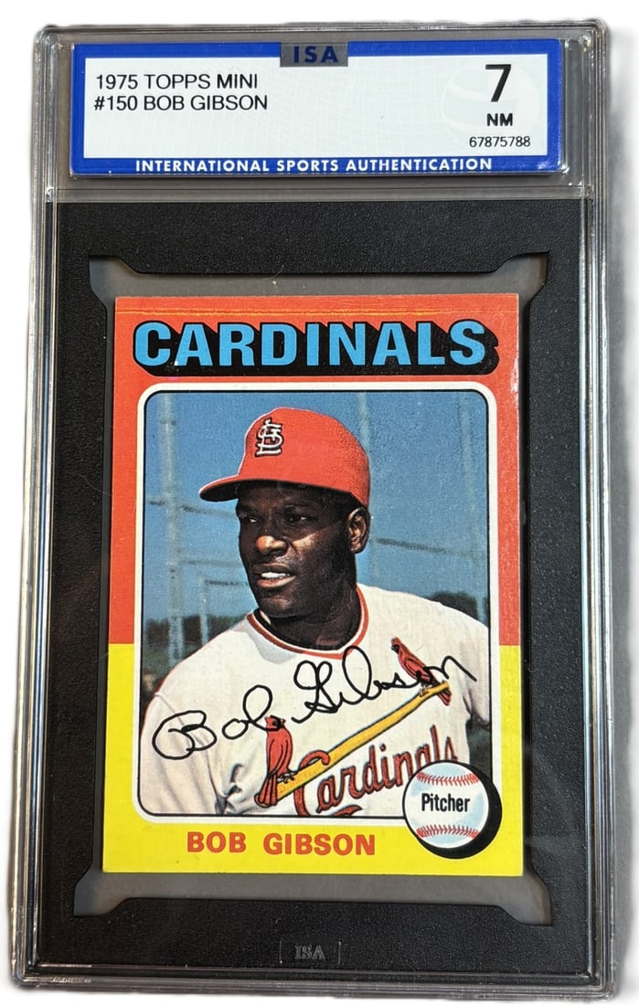 1975 Topps Mini #150 Bob Gibson HOF ISA 7 NM Near Mint: ISA GRADED 7 Cert #67875788 PLEASE NOTE WE OFFER IN HOUSE SHIPPING & HAVE BIDDING AVAILABLE ON OUR OWN WEBSITE! If you win on LIVE AUCTIONEERS, please click "SELF ARRANGED SHIPPING" when you receive y