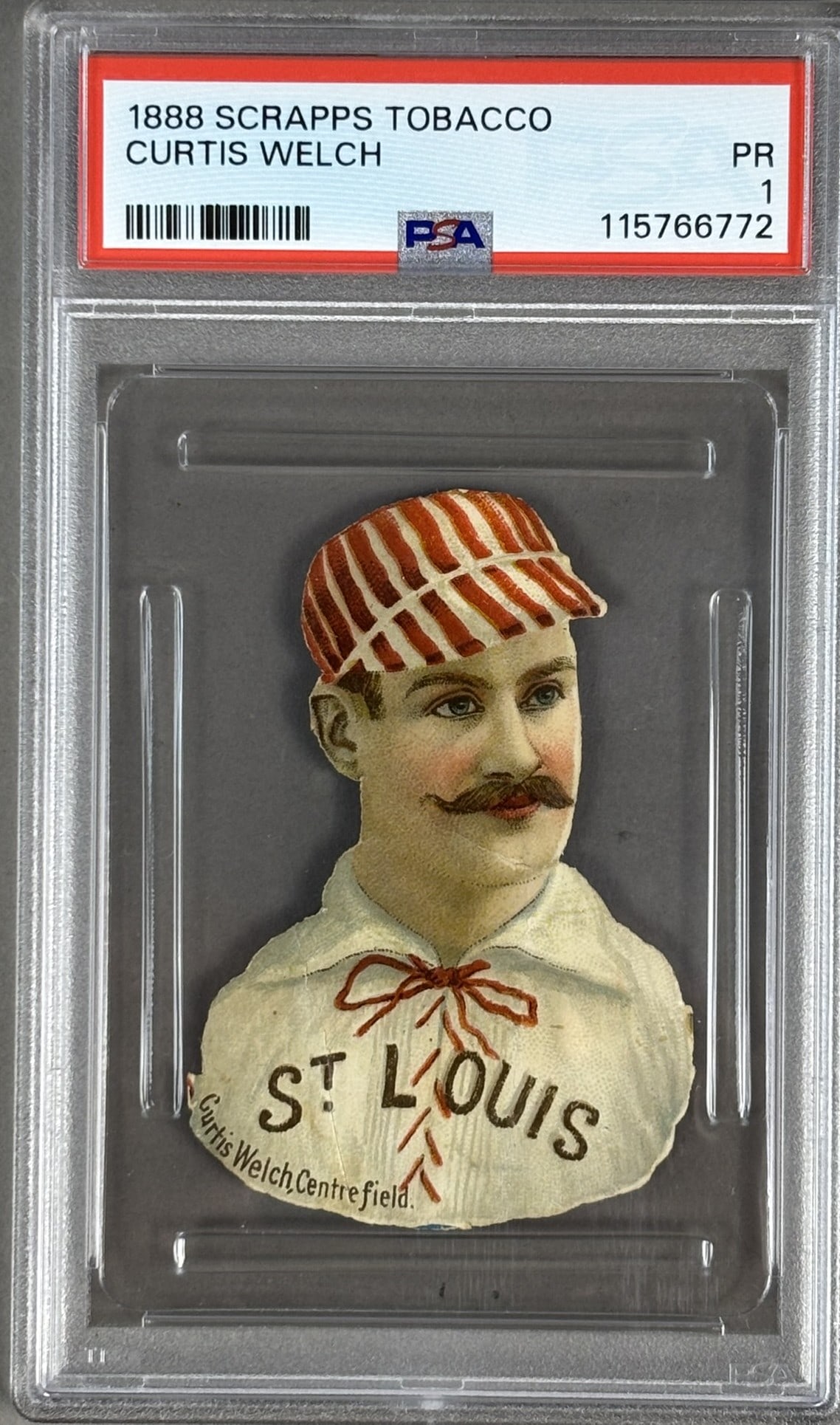 1888 Scrapps Tobacco Curtis Welch PSA 1 PR St Louis: Certifcate 115766772 PLEASE NOTE WE OFFER IN HOUSE SHIPPING & HAVE BIDDING AVAILABLE ON OUR OWN WEBSITE! If you win on LIVE AUCTIONEERS, please click "SELF ARRANGED SHIPPING" when you receive your
