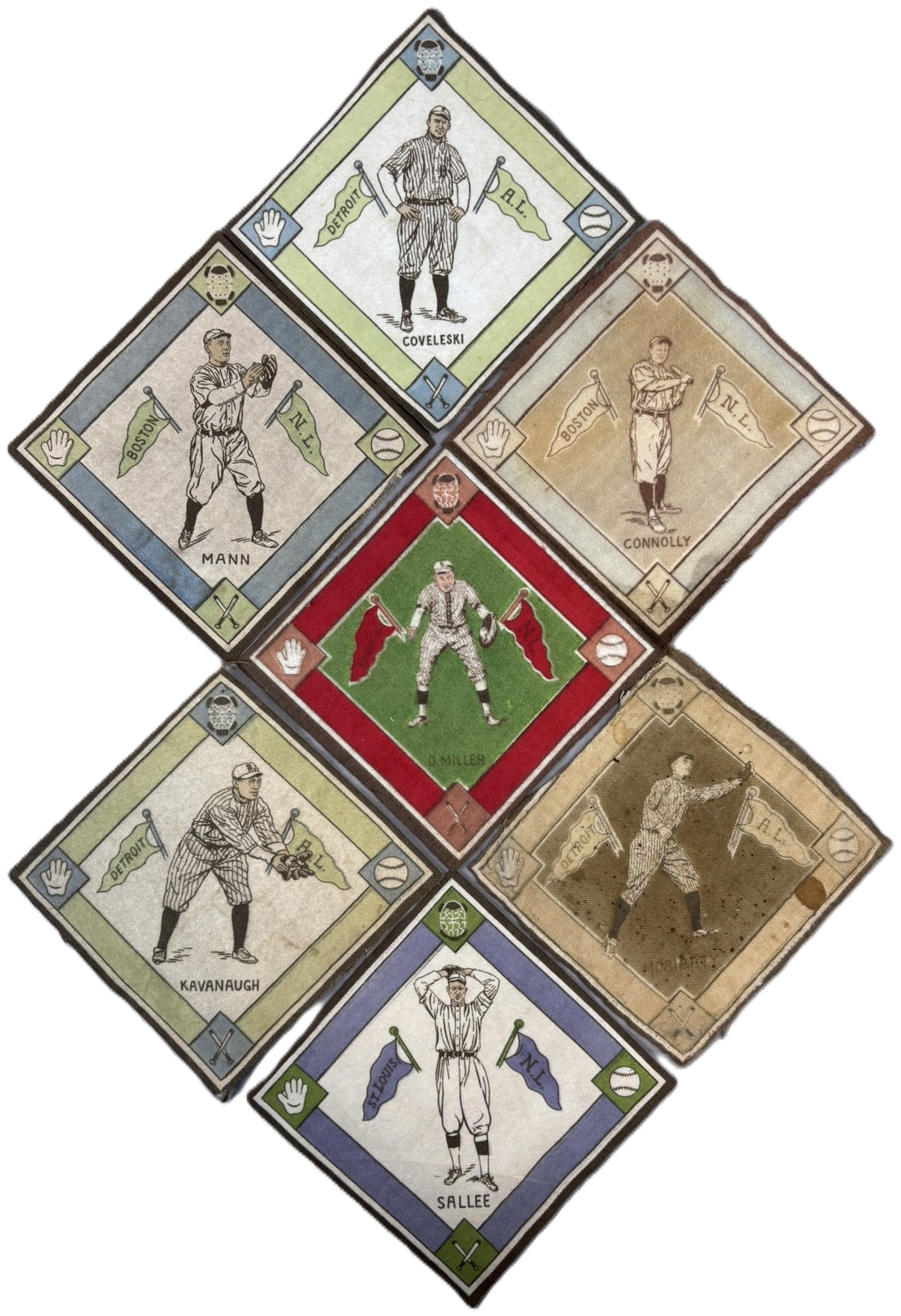 Lot 7 1914 B18 Baseball Felt Pennants Mann Covelski Connolly Miller Kavanagh Sallee Moriarty: Great looking original felt pennants. See all photos. PLEASE NOTE WE OFFER IN HOUSE SHIPPING & HAVE BIDDING AVAILABLE ON OUR OWN WEBSITE! If you win on LIVE AUCTIONEERS, please click "SELF ARRANGED SH