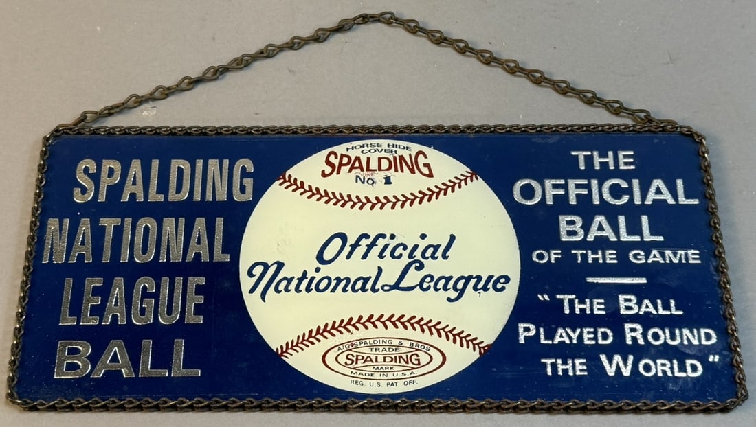 Antique Spalding National League Ball Reverse Painted Baseball Glass Sign: 12.25" x 5.5" - talk about a true survivor. 100+ year old reverse painted glass sign with original chain hanger! Incredible condition.PLEASE NOTE WE OFFER IN HOUSE SHIPPING & HAVE BIDDING AVAILABLE ON