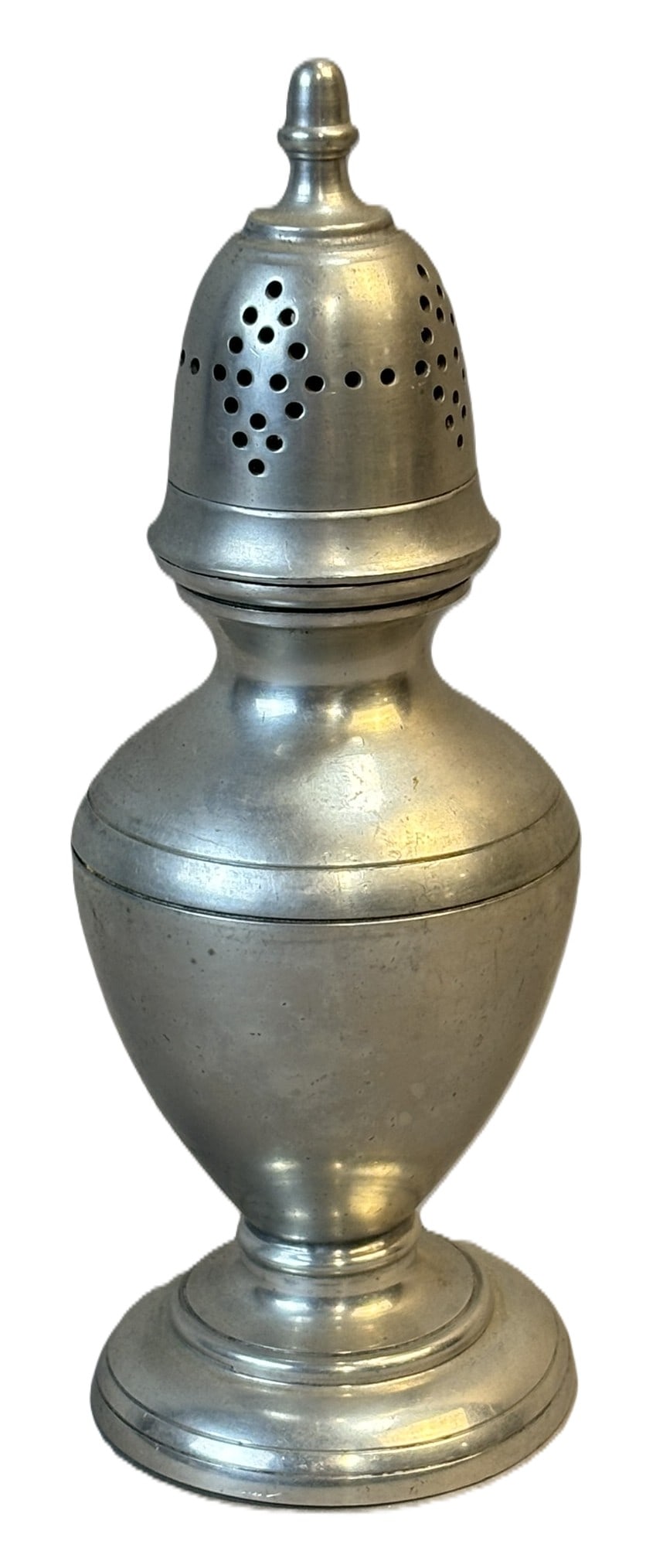 Stieff Pewter Salt Shaker Classic Baluster Form: Handsome Stieff pewter salt shaker in a traditional baluster form, featuring a domed, pierced lid and stepped circular base. Marked “Stieff Pewter” to the underside along with impressed fa