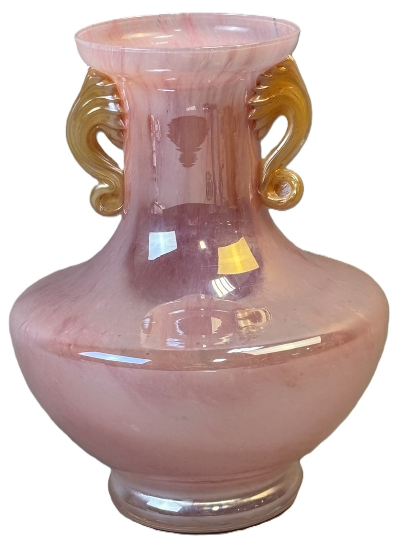 Vintage Murano Italy Art Glass Vase w Applied Handles 8.5": Offered here is a vintage Murano art glass vase made in Italy retaining its original foil label. This elegant example features a soft blush body with subtle internal swirling and a gently flared rim.