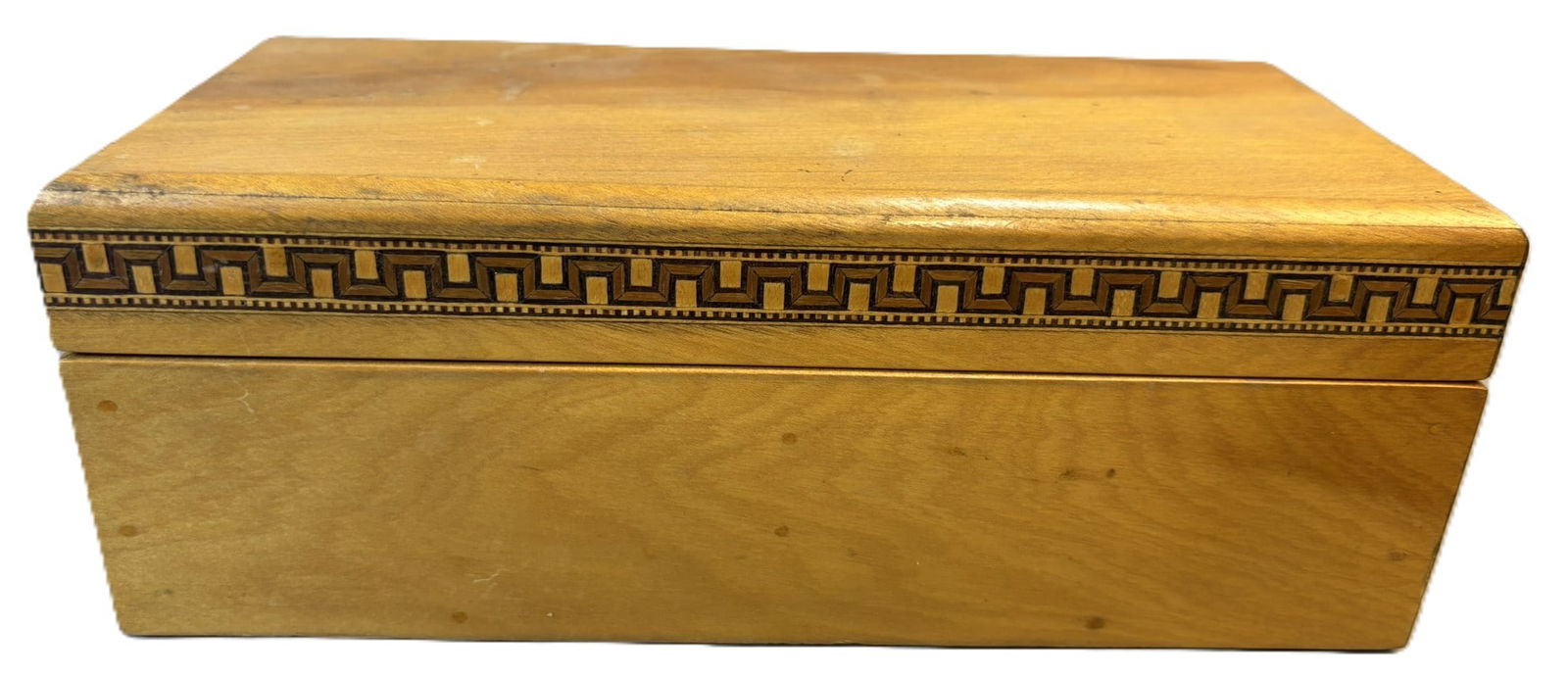 Antique Inlaid Wood Writing Slope Box w Fountain Pen Nibs Greek Key: Offered here is a handsome vintage inlaid wood writing box, complete with a selection of vintage steel fountain pen nibs. The rectangular case features a decorative Greek key inlaid border running alo