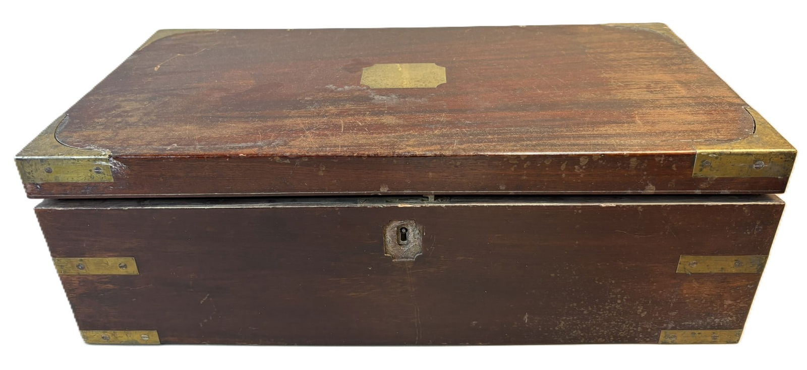Antique 19th Century Wood Lap Desk w/ Brass Accents & Fitted Interior: Classic antique wooden lap desk featuring handsome brass corner mounts, escutcheon, and campaign-style accents. Measuring approximately 19.75" x 10" x 6.5", this substantial example opens to reveal a