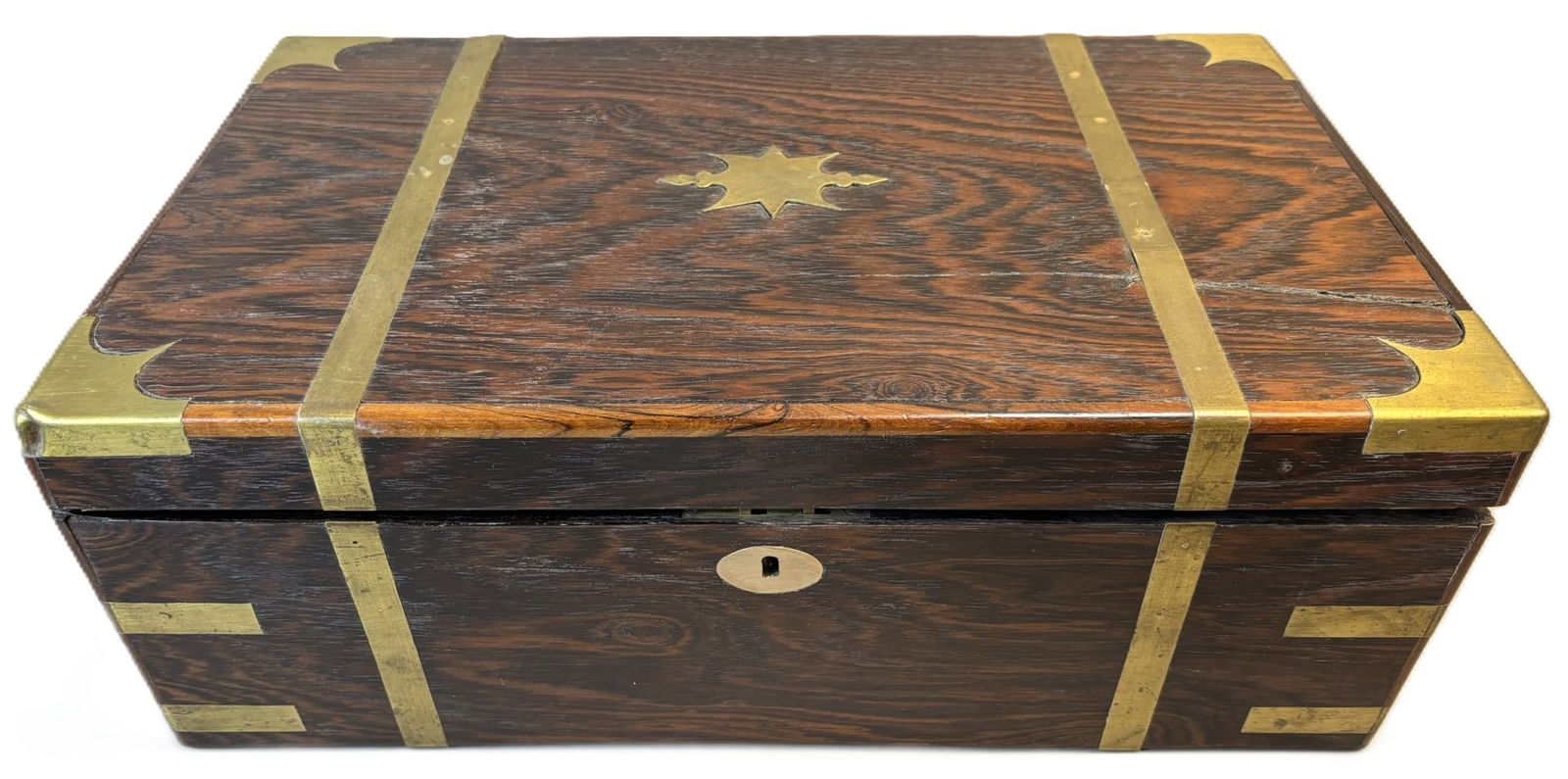 19th C. Portable Writing Slope Box w/ Ornate Brass Straps & Key: A handsome 19th century portable writing slope, crafted in richly grained wood and handsomely appointed with bold brass strapping, corner mounts, and a decorative brass escutcheon. The lid features a