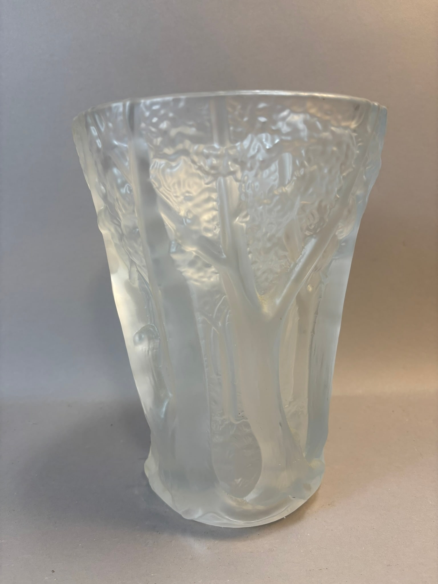 Heavy Frosted Art Glass Vase w/ Tree & Woodland Design: Substantial and beautifully executed frosted art glass vase featuring an applied woodland tree motif in high relief. The softly satin surface contrasts with the sculptural, raised tree trub4323s and t