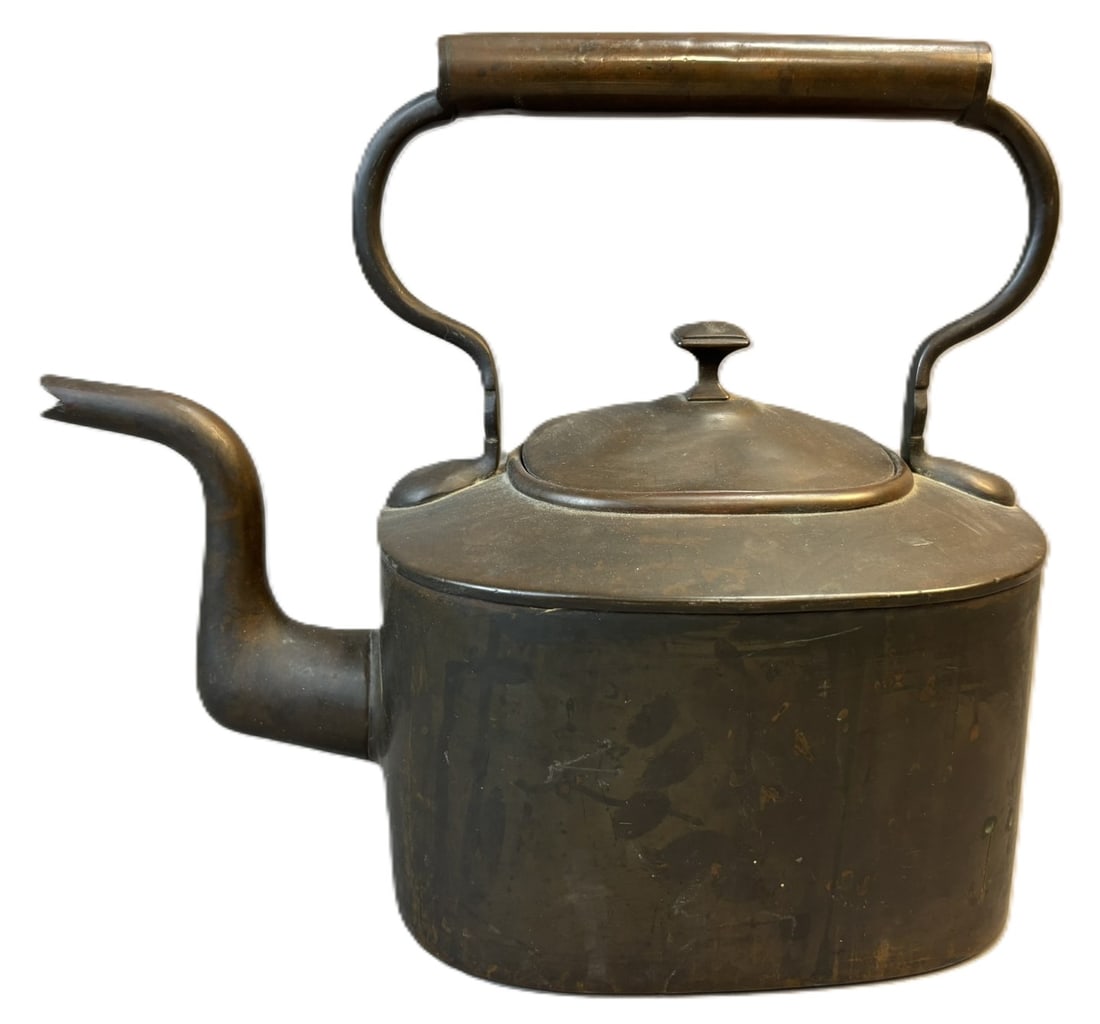 Antique 19th Century Copper Kettle w/ Gooseneck Spout & Brass Handle: Handsome antique copper kettle featuring a clean cylindrical body, gracefully formed gooseneck spout, and hinged lid with button finial. The arched iron swing handle is fitted with a turned brass grip