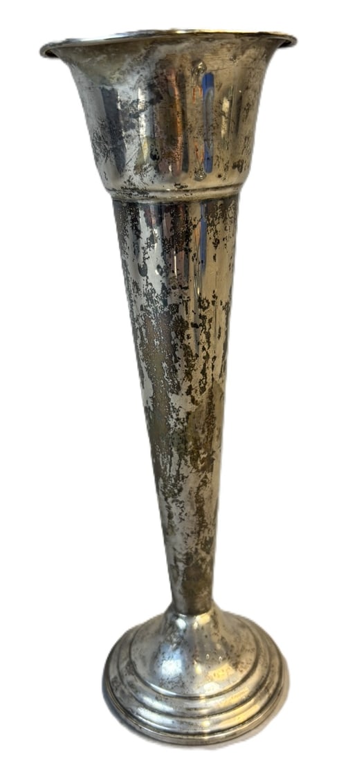 Sterling Silver Trumpet Form Vase Weighted Base 9" Tall: Elegant sterling silver trumpet form vase featuring a flared rim and stepped circular base. Measuring approximately 9" tall with a 2.75" opening, this classic form is well-balanced and substantial in