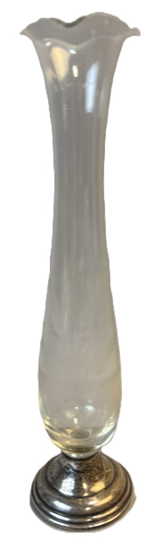 Glass Vase w/ Sterling Silver Weighted Base by Empire Co Ltd.: Slender clear glass bud vase with sterling silver weighted base. Base marked: “Empire Silver Co. Ltd. – Sterling – Weighted.” Clean, elegant lines with subtle flared rim. Measu