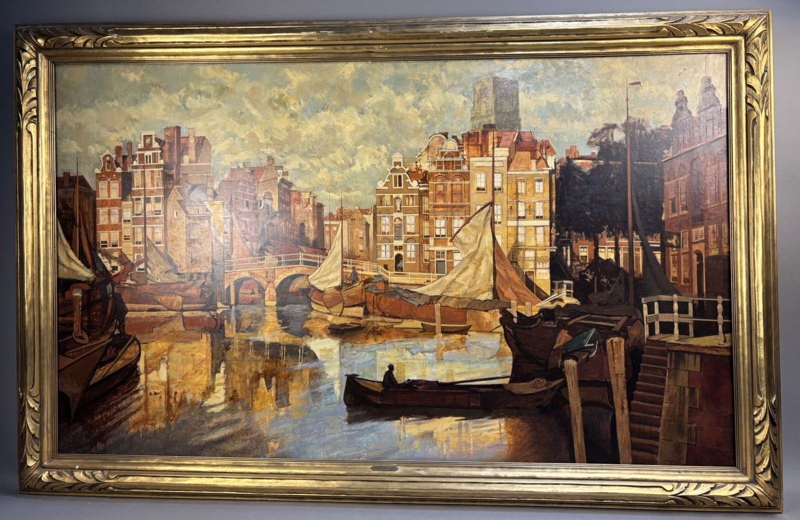 Original Henry Shafer Harbor Oil Painting After Johann Bernard Klombeek 30x50: Large oil on canvas harbor scene depicting a European canal city with sailboats, bridges, and Dutch gabled architecture, believed to be the work of Jackson, Michigan collector and artist Henry Shafer