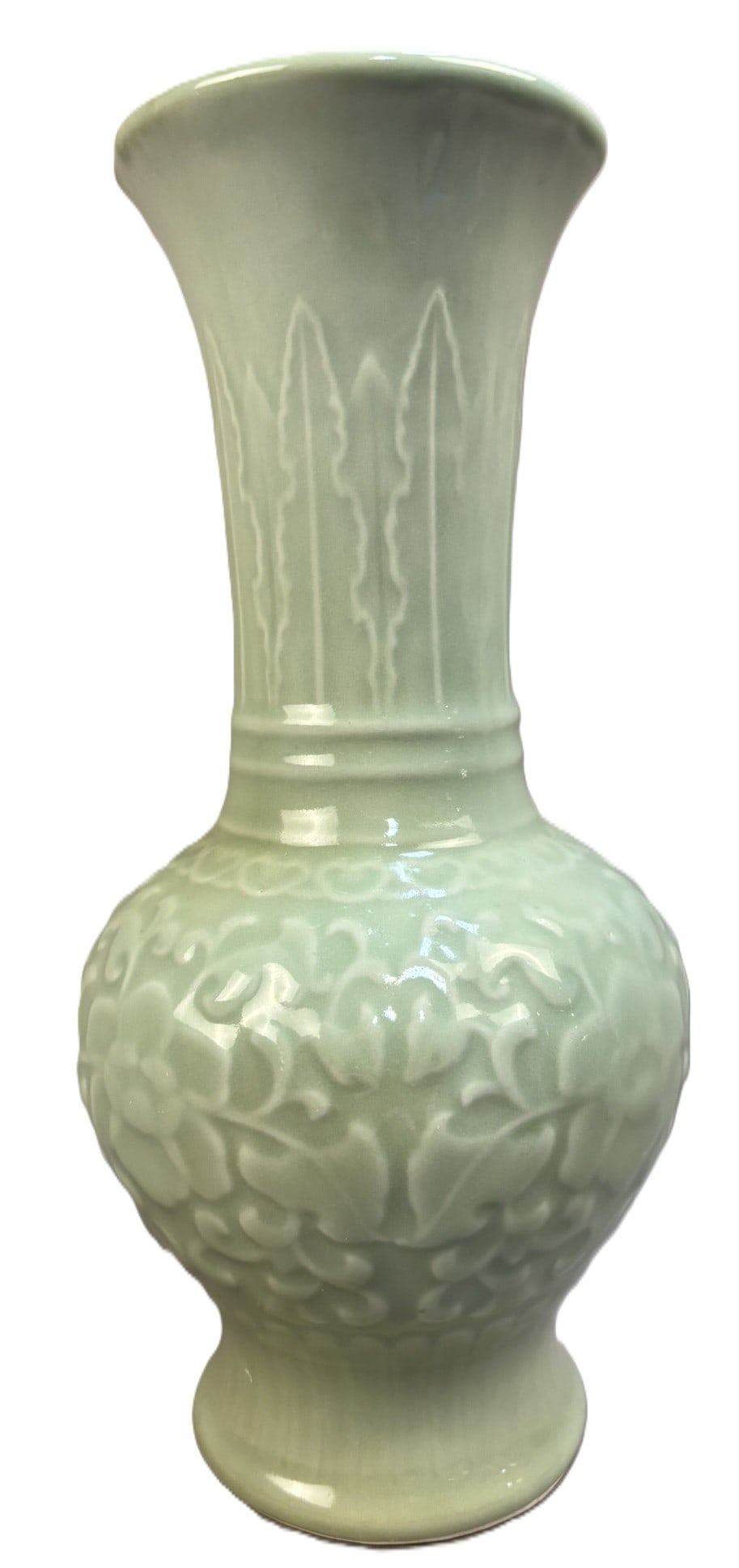Art Deco Celadon Glaze Relief Decorated Vase 12.5": This elegant Art Deco–inspired vase stands 12.5 inches tall and features a beautifully proportioned baluster form with a flared trumpet neck. The body is richly molded with scrolling foliate dec