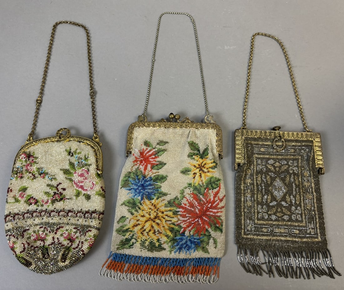 Antique Beaded Purses Lot of 3 Art Deco Floral & Metal Mesh Bags (1 of 16)