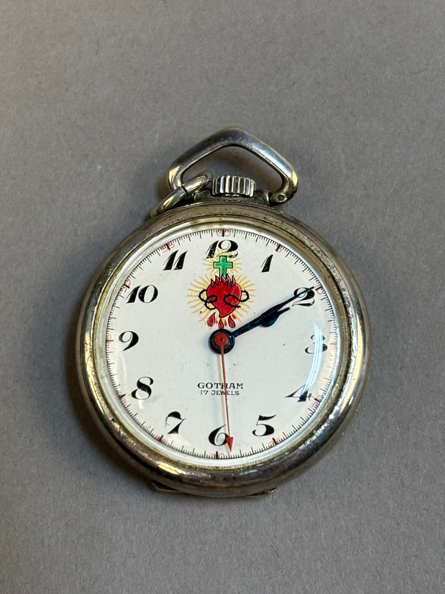 Gotham 17 Jewel Sterling Sacred Heart of Jesus Pocket Watch Swiss (1 of 6)