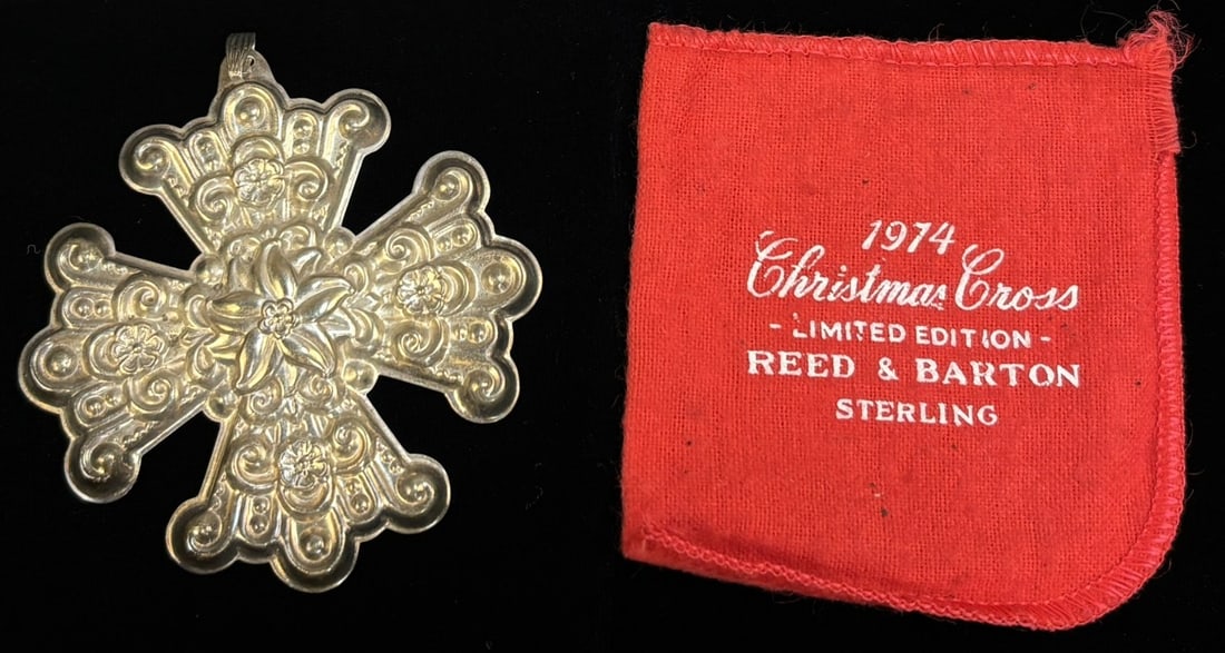 Reed & Barton 1974 Sterling Christmas Cross Ornament Limited Edition: 1974 Reed & Barton limited edition Christmas cross ornament crafted in sterling silver featuring ornate repoussé style decoration with floral and scroll motifs. The back is engraved “1974 C
