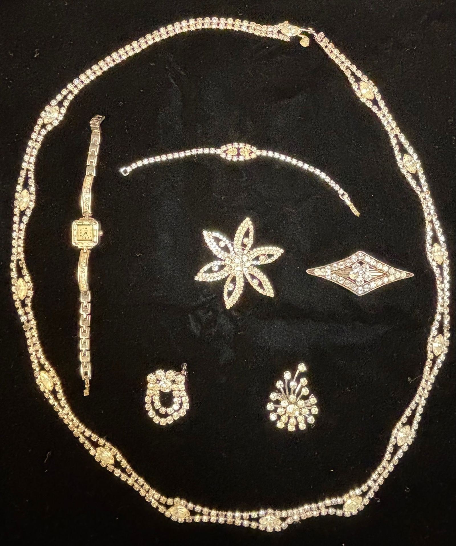Vintage Rhinestone Jewelry Group Necklace Brooch Earrings Watch Bracelet (1 of 14)