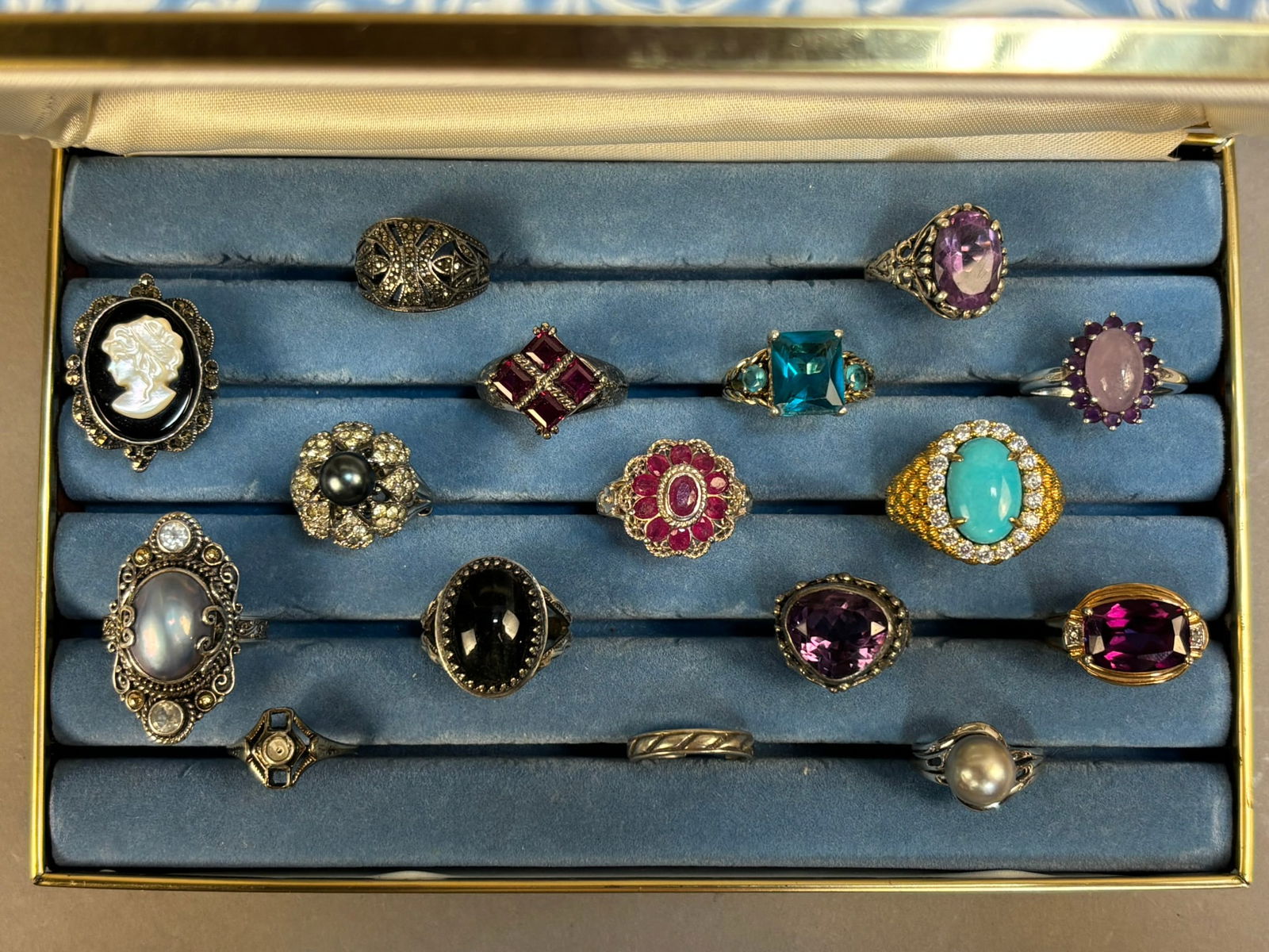 Lot 16 Sterling Silver Gemstone Ring Group Amethyst Turquoise Garnet Pearl 106 Grams (1 of 18)