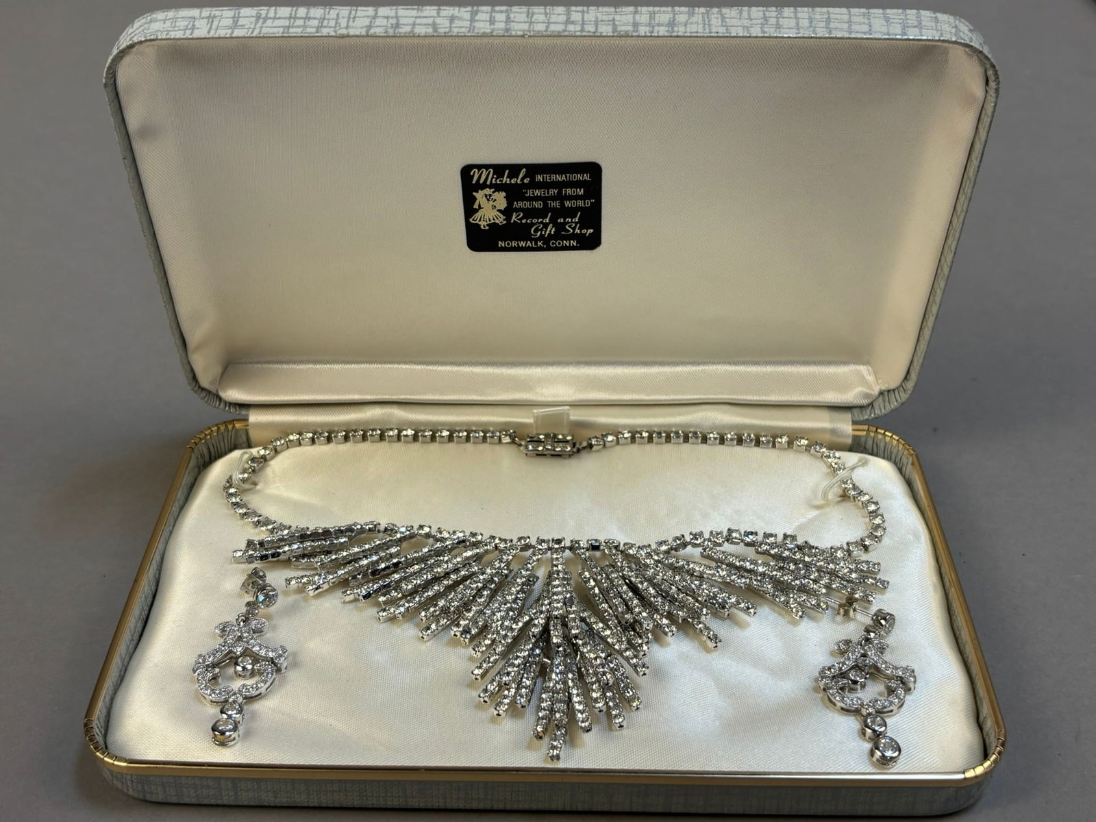 Art Deco Sterling Rhinestone Fringe Necklace & Earrings Set w/ Fancy Case (1 of 8)