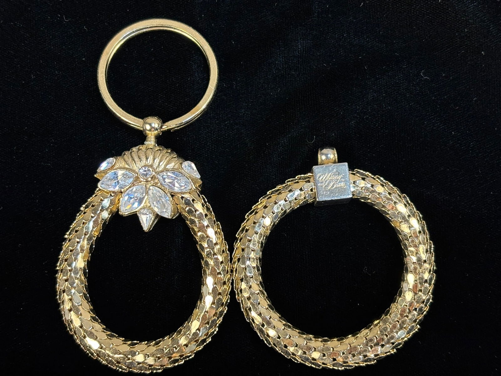 Whiting & Davis Gold Mesh Keychain Holder Pendant Rhinestone Top w Box: Vintage Whiting & Davis gold tone mesh keychain holder or pendant featuring a distinctive circular multi-strand mesh hoop design topped with a decorative rhinestone floral cap set with marquise and ro