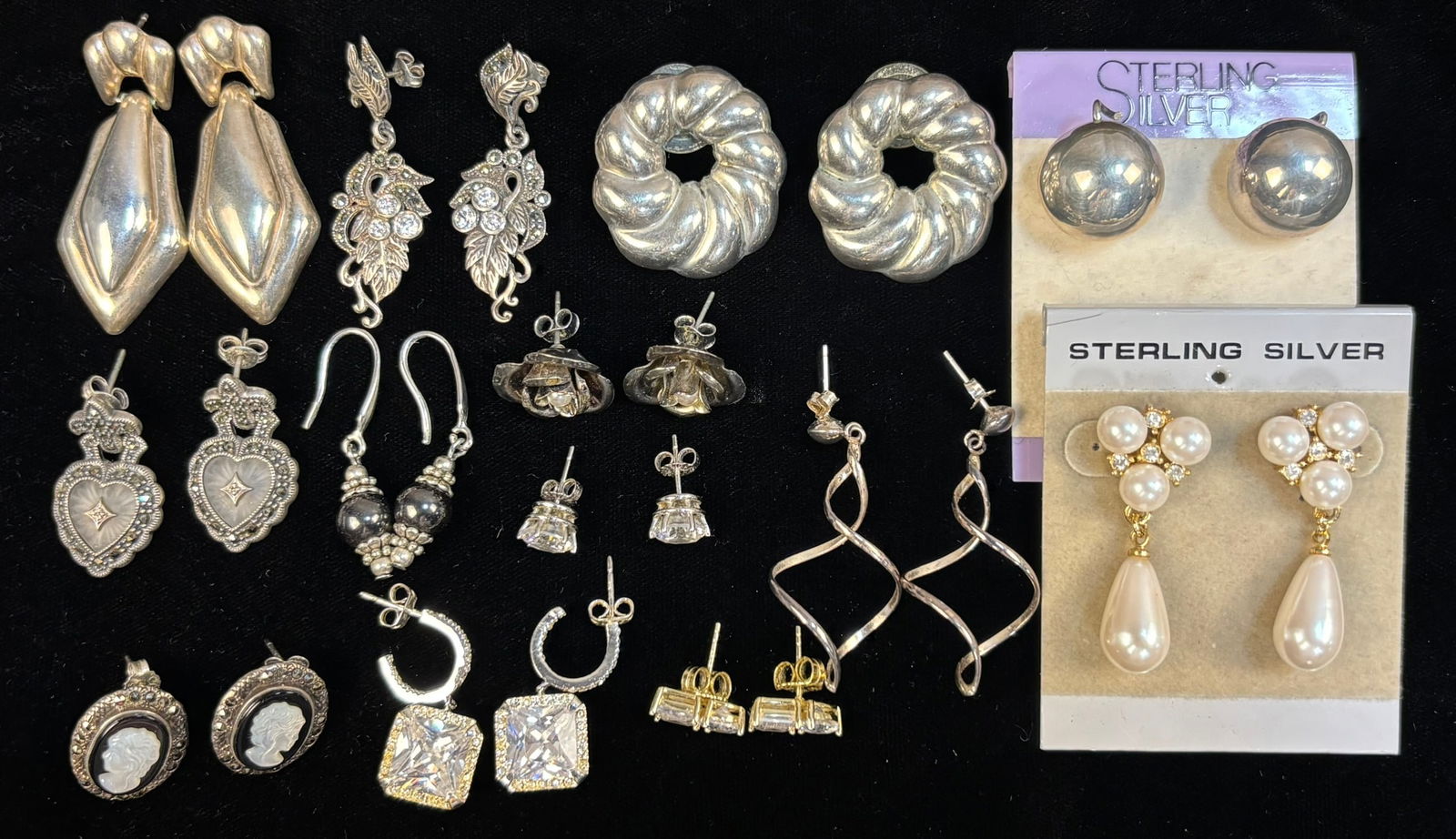 Sterling Silver Earrings Lot 10pr Marcasite MOP CZ Pearl Mexico 925 72g (1 of 19)