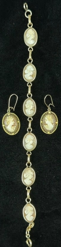 Antique 1900s Gold Tone Cameo Earrings & Bracelet: Items Coming PLEASE NOTE WE OFFER IN HOUSE SHIPPING & HAVE BIDDING AVAILABLE ON OUR OWN WEBSITE! If you win on LIVE AUCTIONEERS, please click "SELF ARRANGED SHIPPING" and keep on the lookout for an em