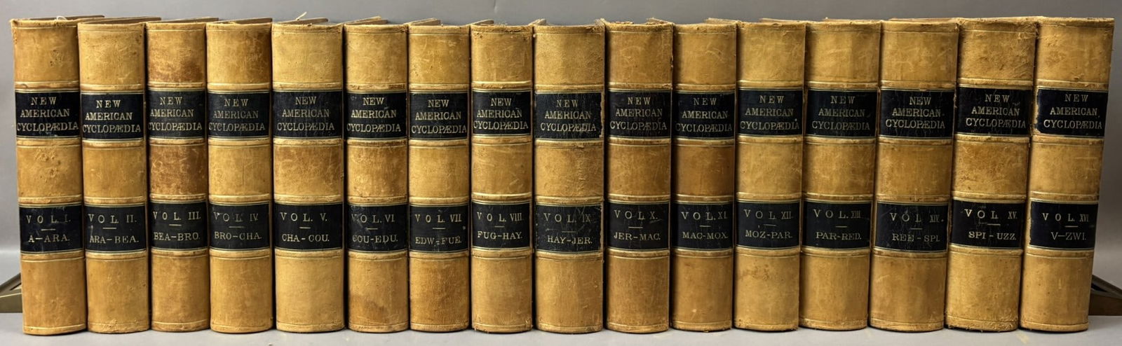 1857 New American Cyclopaedia 16 Vol Set Appleton 1st Ed Leather: Offered here is a complete sixteen-volume set of The New American Cyclopaedia: A Popular Dictionary of General Knowledge, edited by George Ripley and Charles A. Dana, and published in New York by D. A