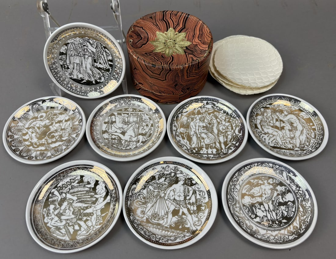Fornasetti Mitologia Porcelain Coasters Bonwit Teller Boxed Set 8: Offered here is a complete set of eight Italian porcelain coasters from the celebrated Mitologia series by Fornasetti, produced in Milan and retailed exclusively through Bonwit Teller, New York. Each