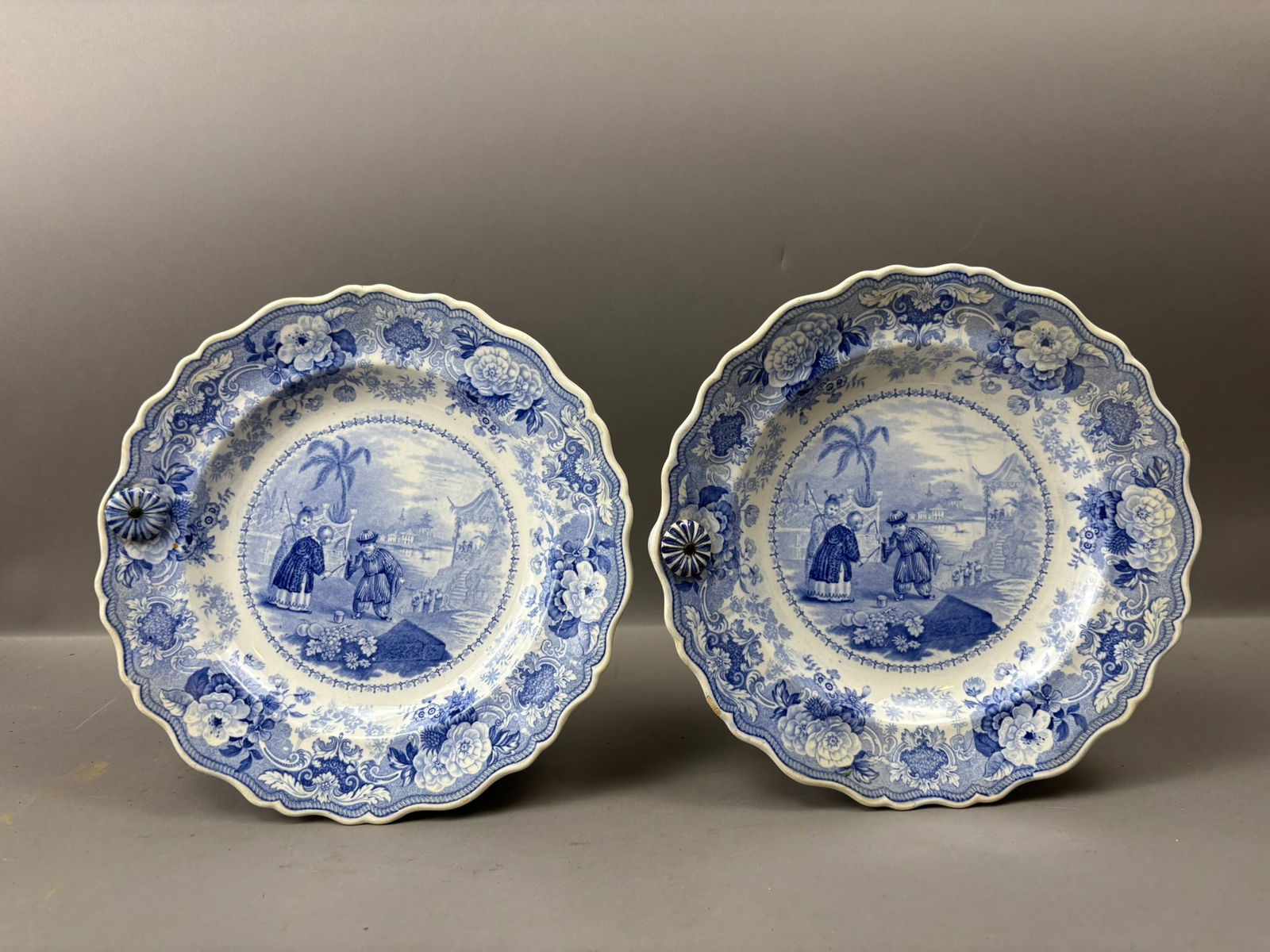Pair Staffordshire Chinese Juvenile Sports Blue Transfer Warming Plates: Pair of early 19th century Staffordshire blue transferware hot water warming plates in the desirable Chinese Juvenile Sports pattern produced by Ralph Stevenson & Son of Cobridge, Staffordshire,