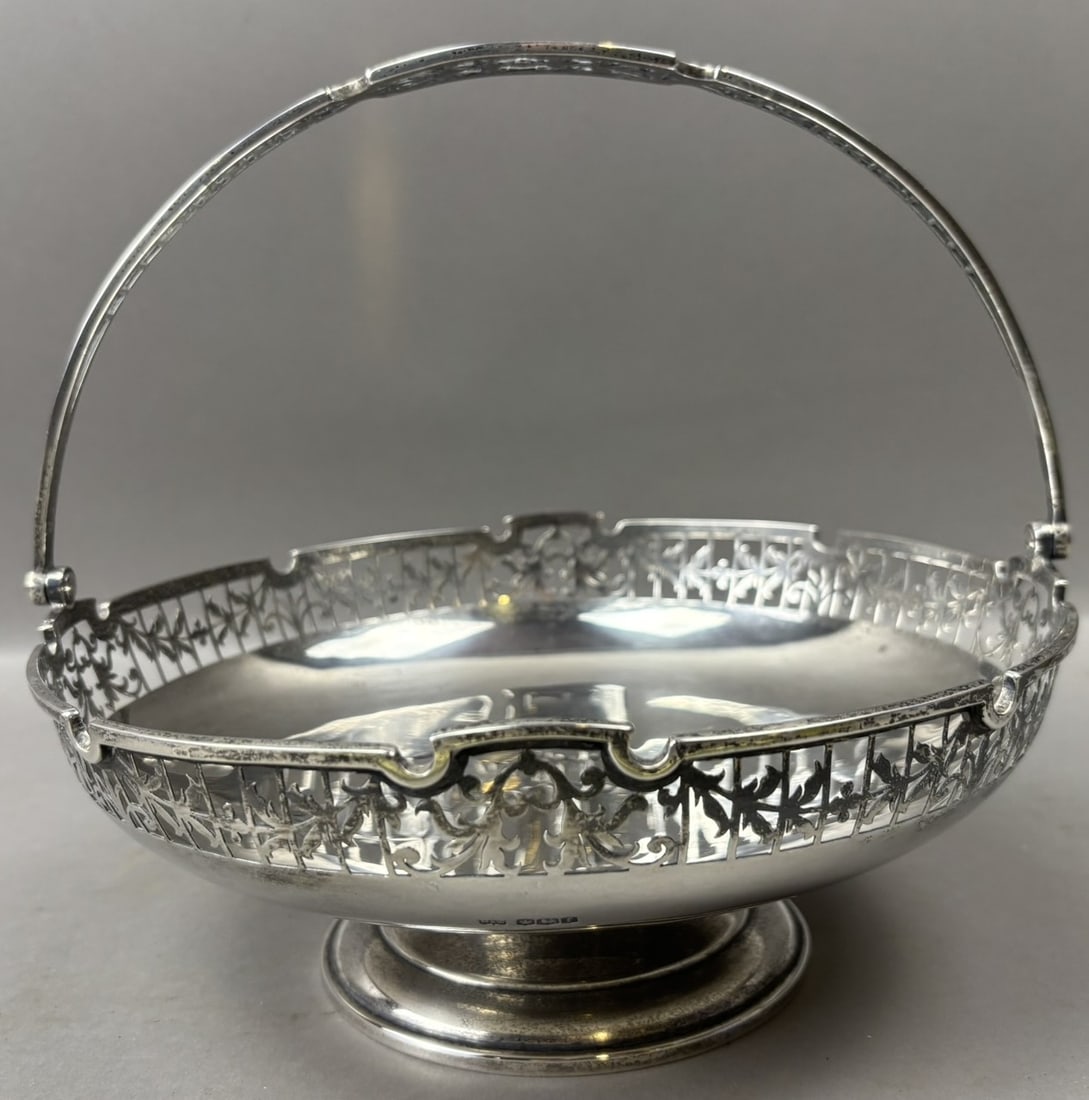 Mappin & Webb Sterling Silver Pierced Basket Bowl w/ Swing Handle 578g (1 of 11)
