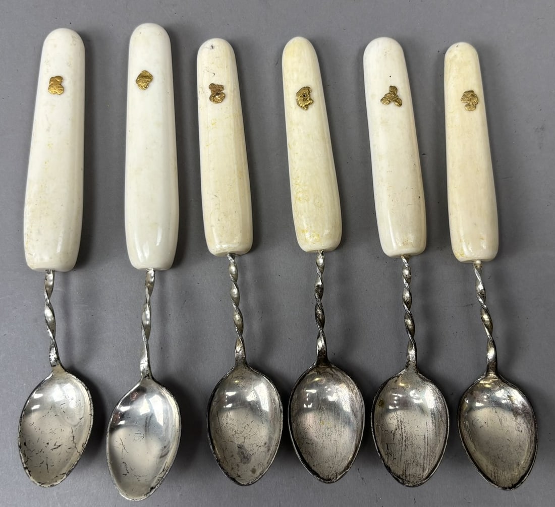 Set 6 Sterling Demitasse Spoons Bone Handles & Gold Nugget Inlays: Set of six sterling silver demitasse spoons featuring twisted stems with smooth bone handles inset with small natural gold nuggets, creating an attractive Western or Alaskan souvenir style presentatio