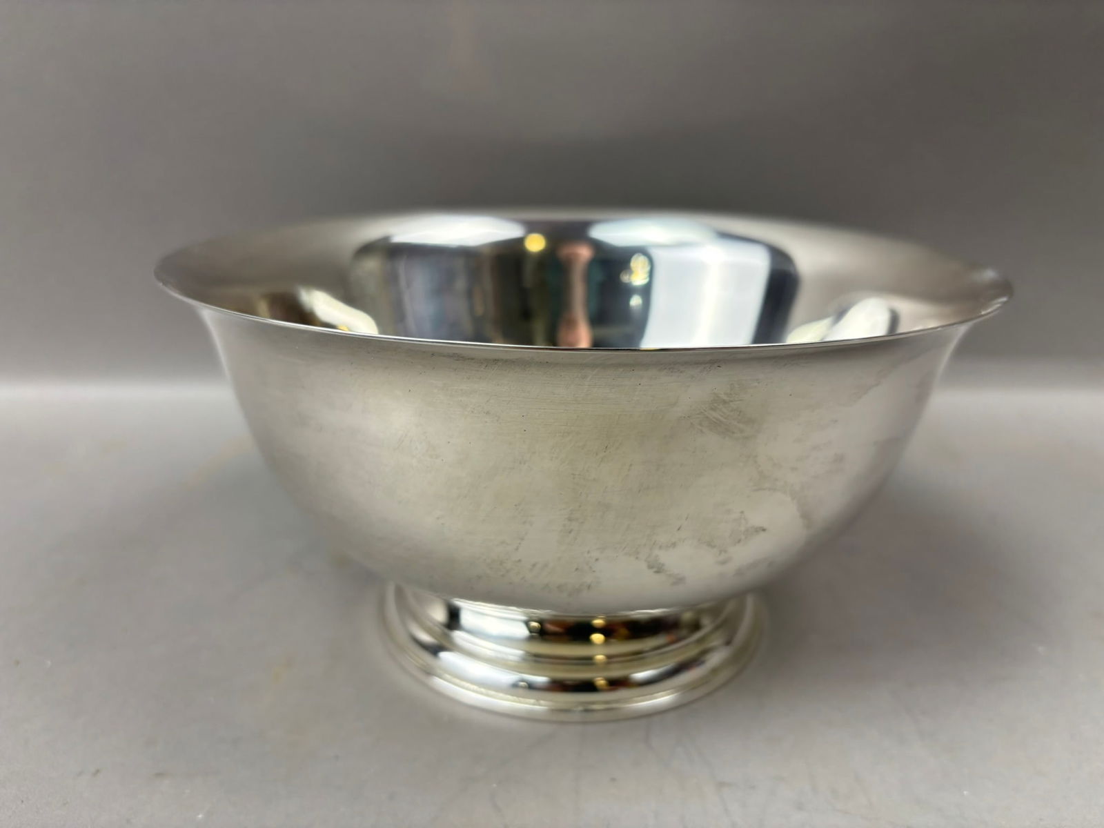 Newport Sterling Paul Revere Reproduction Bowl 7.5" 362g: Sterling silver Paul Revere style reproduction bowl marked “Paul Revere Reproduction circa 1768 Newport Sterling” on the underside. The bowl features a classic colonial form with wide flar