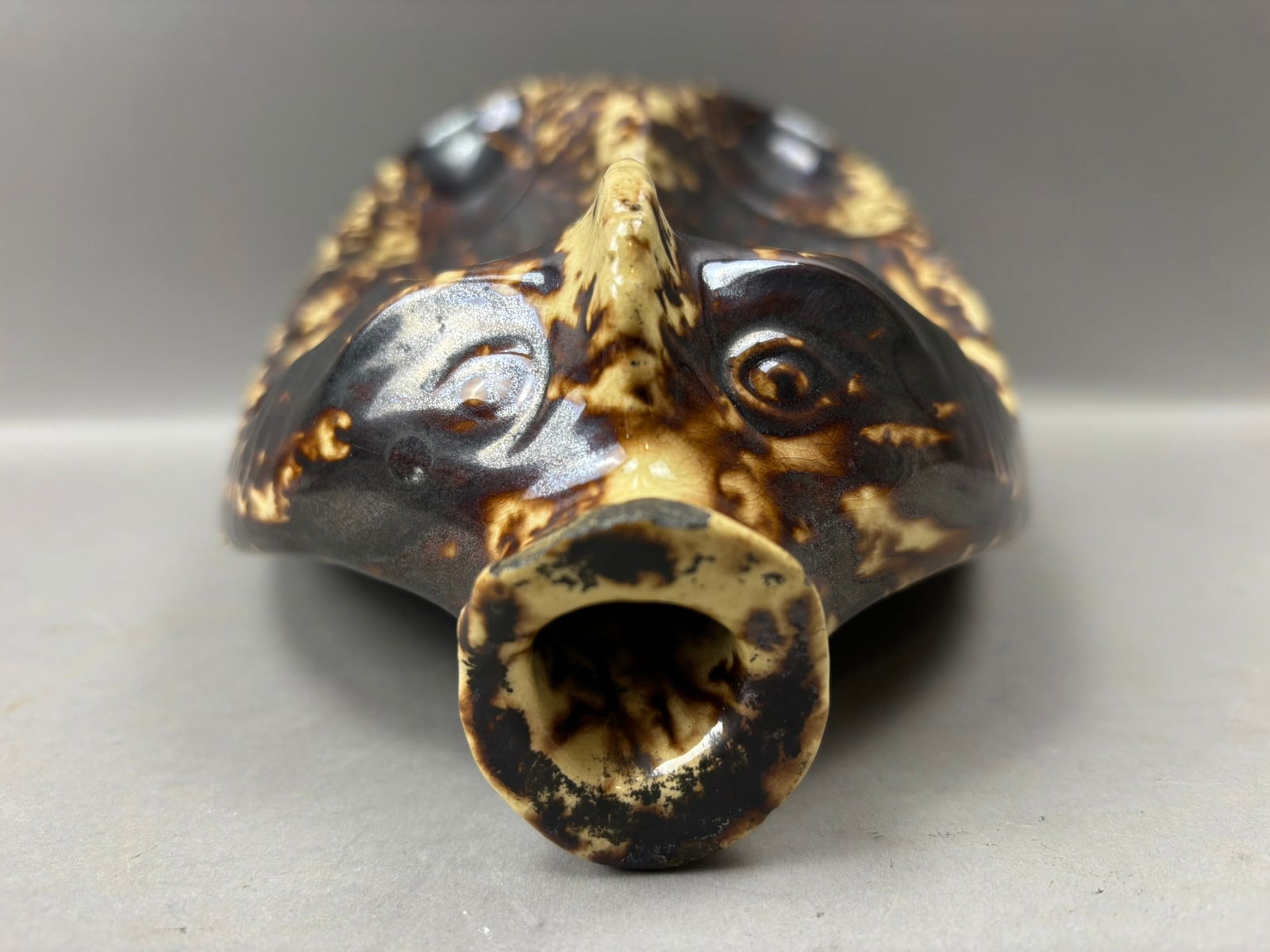 Antique Stoneware Chicken Form Foot Warmer Brown Mottled Glaze 11.5": Antique stoneware foot warmer formed in the shape of a chicken, featuring a rich brown and cream mottled glaze with molded feather details and expressive head and eye decoration. This charming utilita