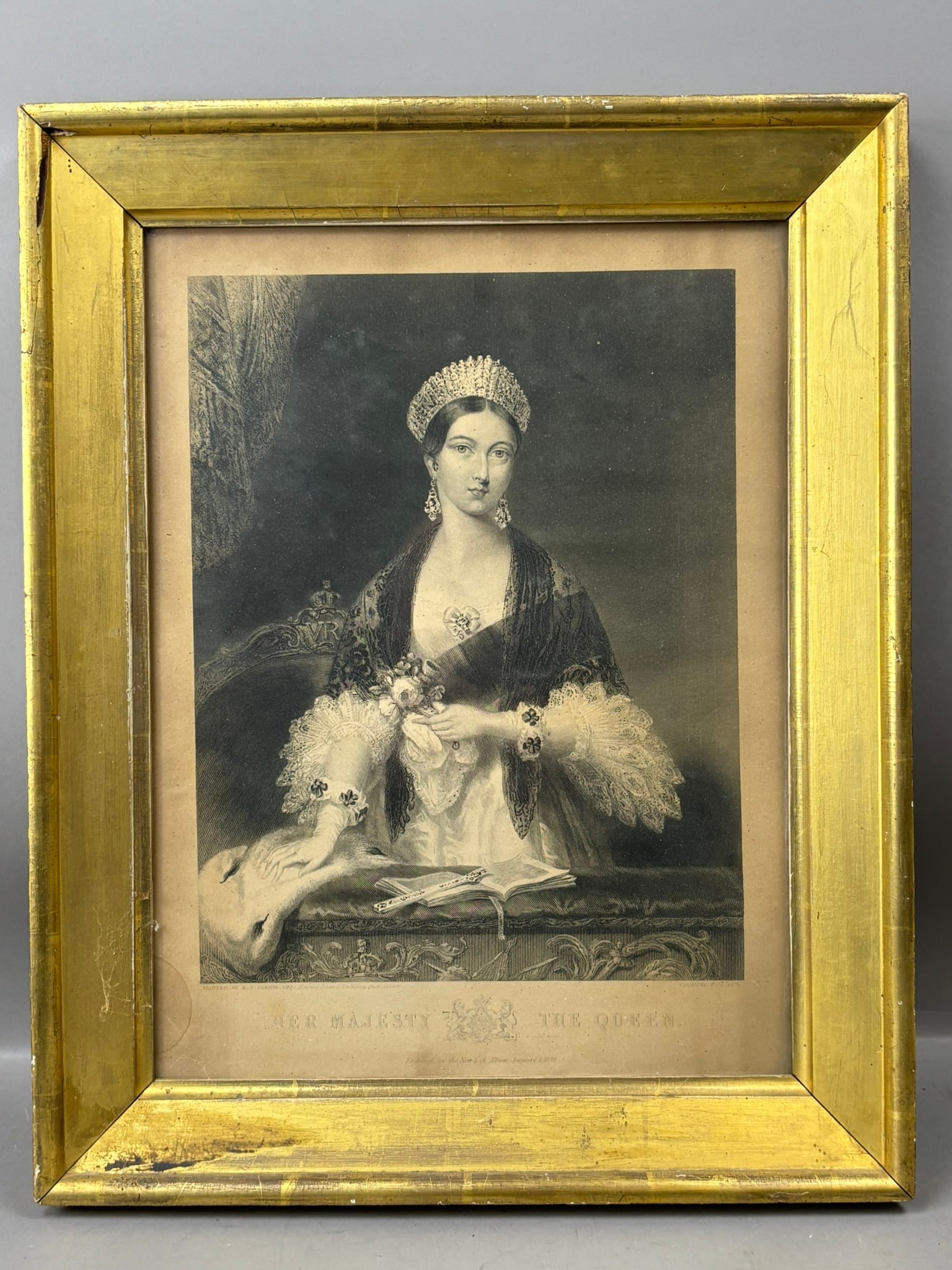 1839 “Her Majesty The Queen” Engraving for New York Albion Framed: Framed 19th century engraved portrait titled Her Majesty The Queen, engraved for the New York Albion and dated January 1, 1839, depicting a finely detailed portrait of Queen Victoria seated with crown