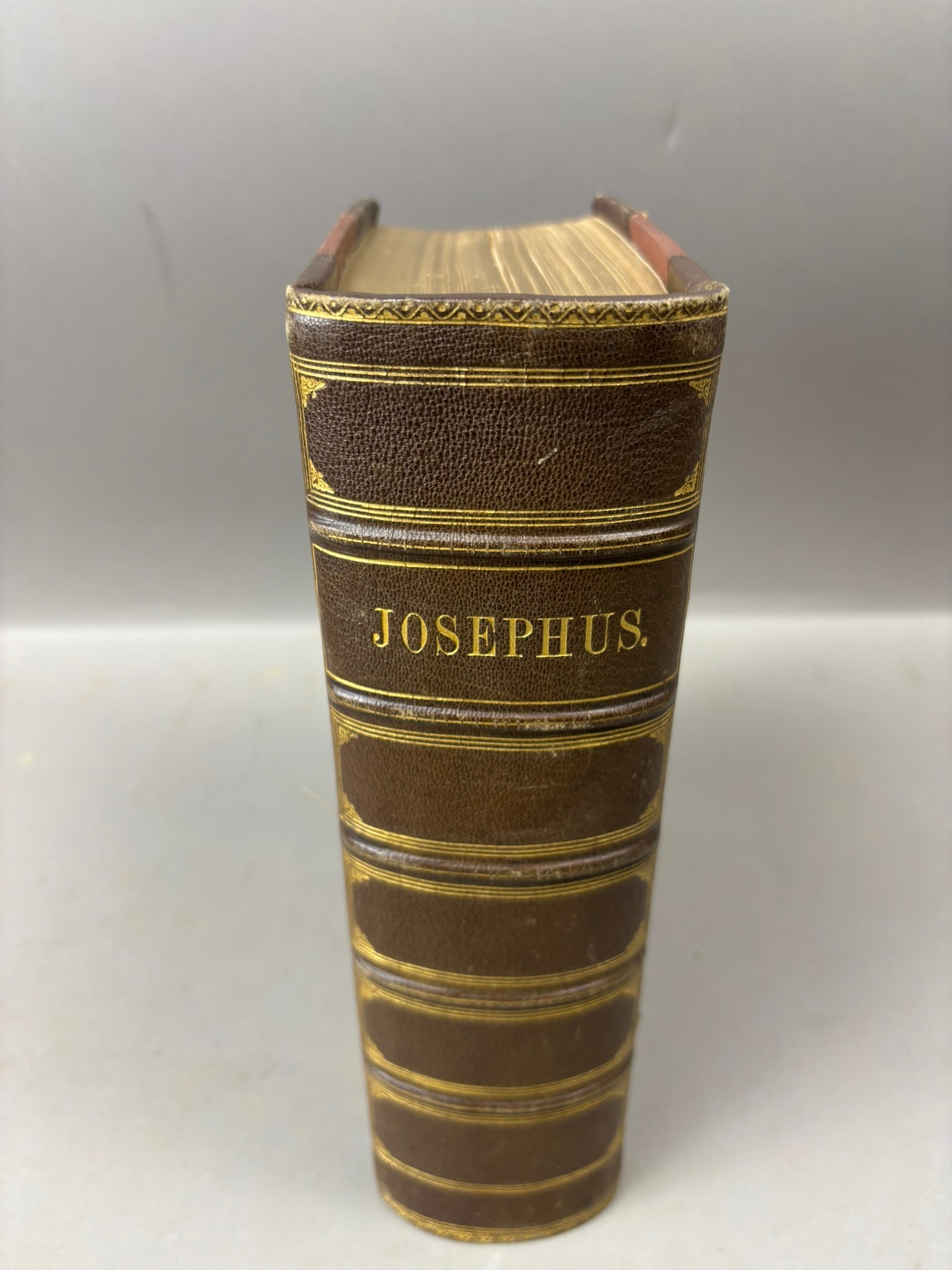 Antique Leather Bound “Works of Flavius Josephus” Book w/ Engravings: Antique leather bound copy of The Works of Flavius Josephus, translated by William Whiston and published in New York by Virtue & Yorston, and introduction by Stebbing - this book is in remarkable cond