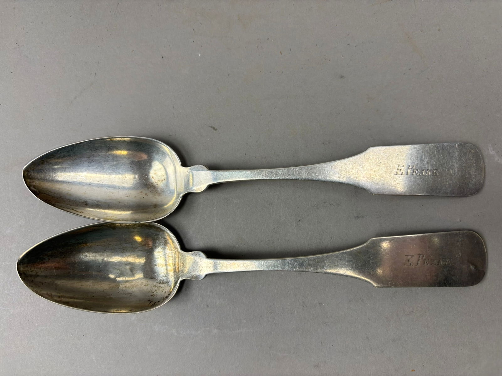 Pair Antique Coin Silver Tablespoons Engraved E. Fiske 96g: Pair of antique coin silver tablespoons by L. B. S. Jackson of New York, each engraved “E. Fiske” on the handle and measuring approximately 8.5 inches in length with a combined weight of