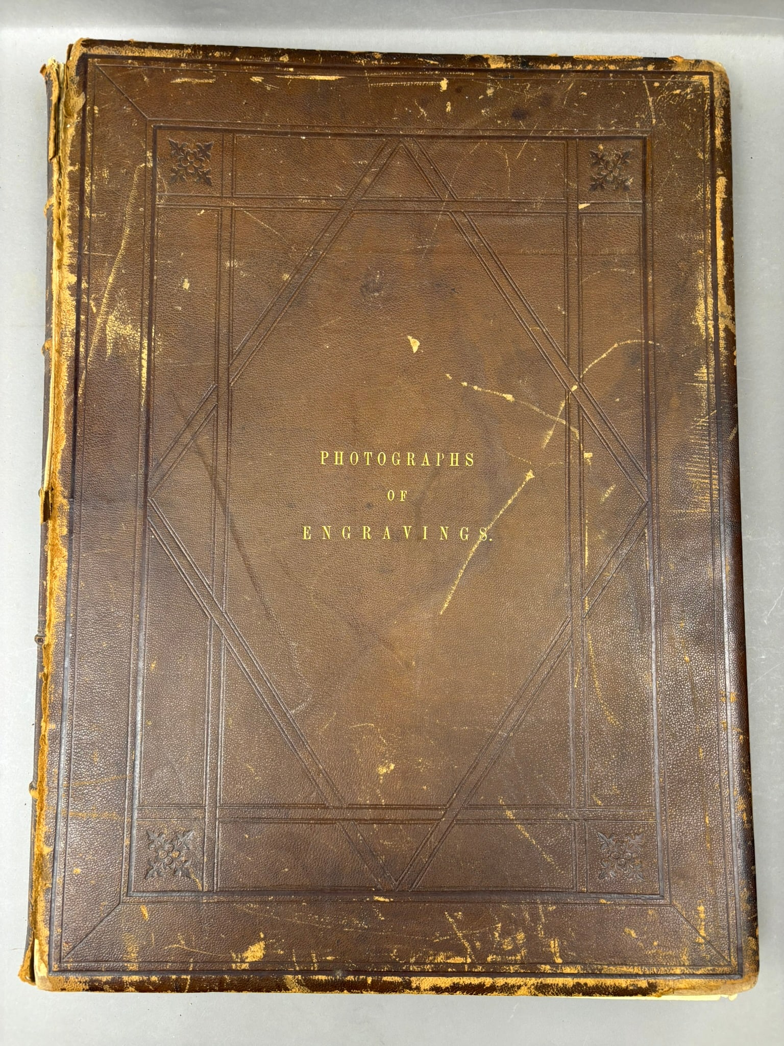 Large 19th Century Photographs of Engravings Art Portfolio Book: Impressive large 19th century folio titled Photographs of Engravings, measuring approximately 23 x 17.5 x 2.5 inches, containing numerous mounted photographic reproductions of well-known European engr
