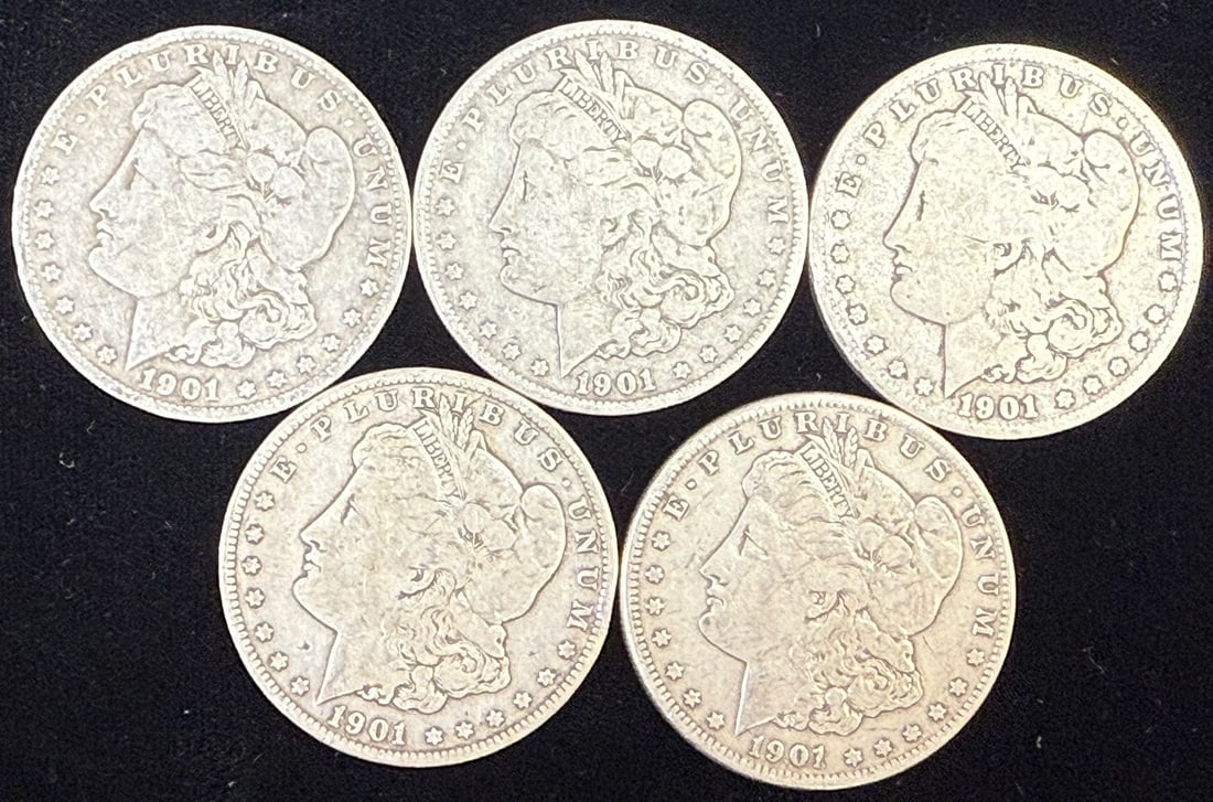 Five 1901 Morgan Silver Dollars Circulated Lot Overall Weight 130.19g: Lot of five United States Morgan silver dollars all dated 1901, featuring the classic Liberty head obverse and heraldic eagle reverse. Coins show circulated condition with moderate wear, surface