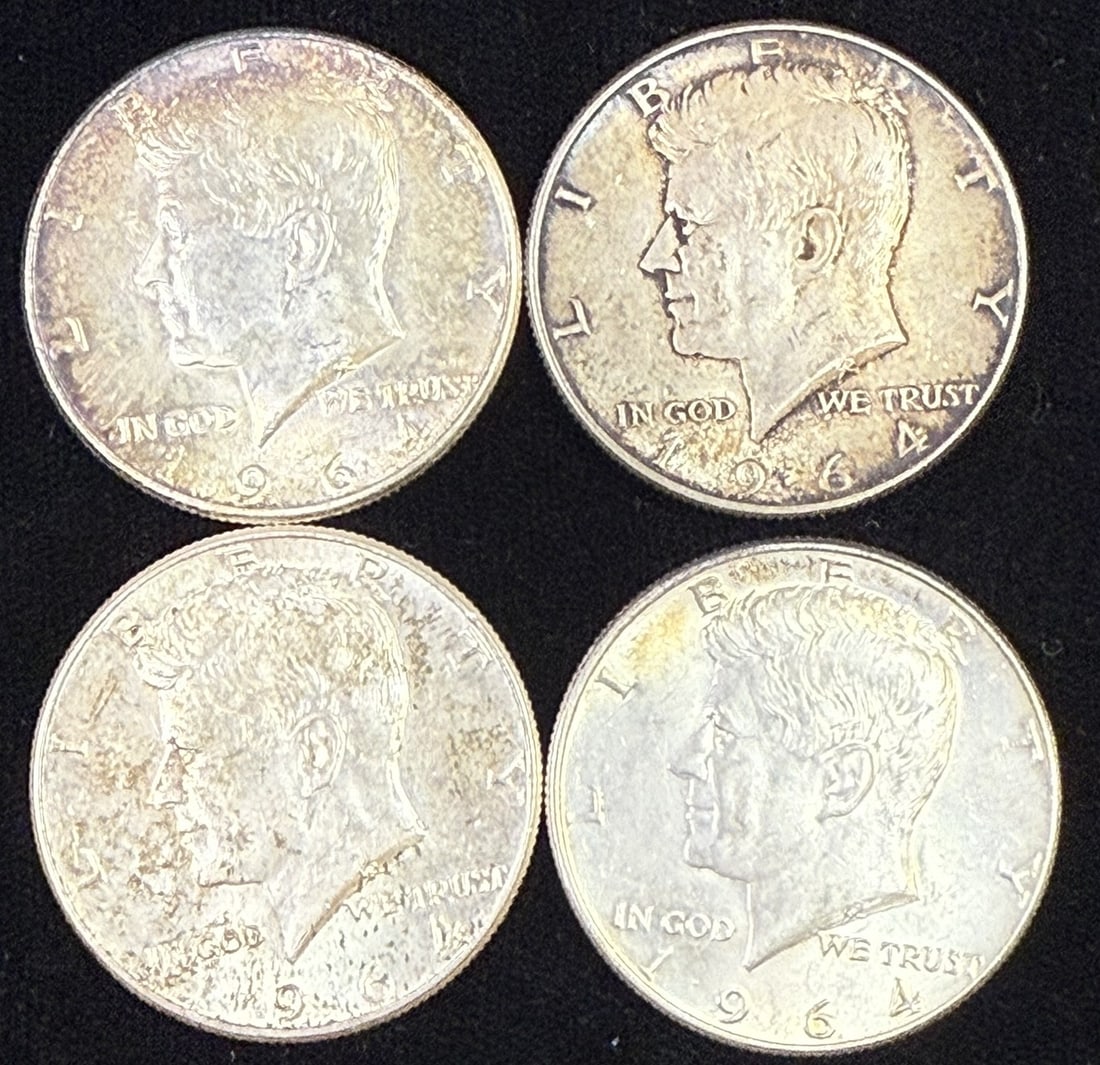 Five 1964 Kennedy Silver Half Dollars Including 1964-D Overall Weight 49.79g: Lot of five United States Kennedy half dollars including four dated 1964 and one 1964-D Denver issue, all struck in the original 90% silver composition used only during the first year of the Kennedy s