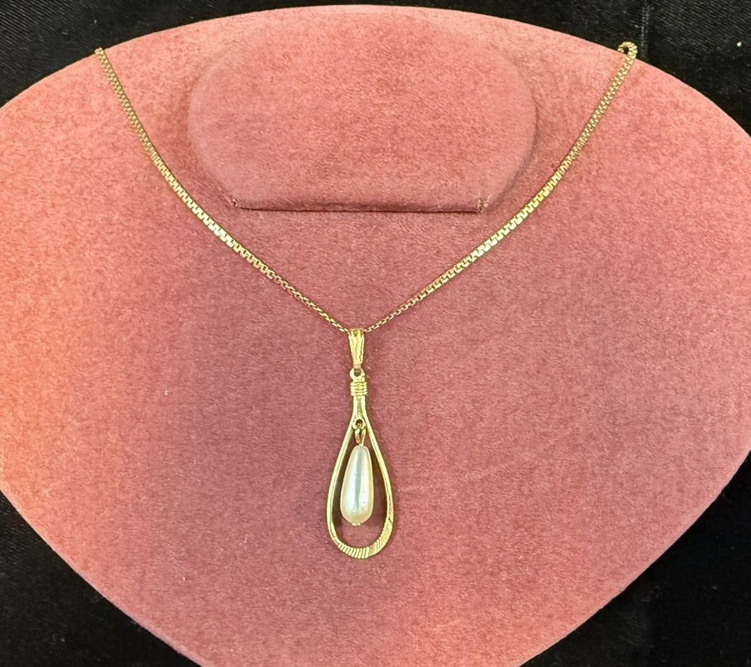 14K Gold Teardrop Pearl Pendant Necklace 19" Box Chain 4.24g: Elegant 14K yellow gold pendant necklace featuring a classic teardrop form pendant suspending a lustrous pearl drop within an open gold frame. The pendant displays fine decorative detailing along the