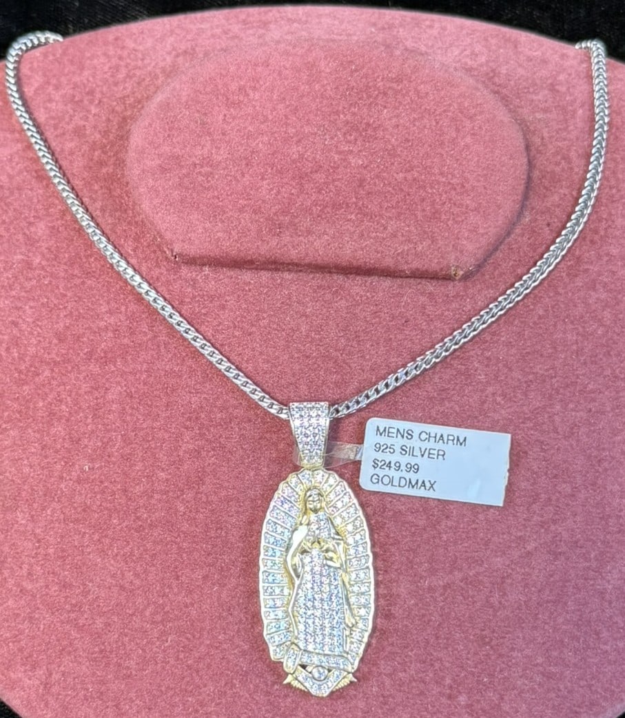 925 Silver Gold Plated Virgin Mary Pendant Cubic Zirconia w Chain 15.26g: Men’s religious pendant necklace featuring a large Virgin Mary medallion style charm crafted in 925 sterling silver with gold plated finish and set throughout with numerous sparkling cubic zirco