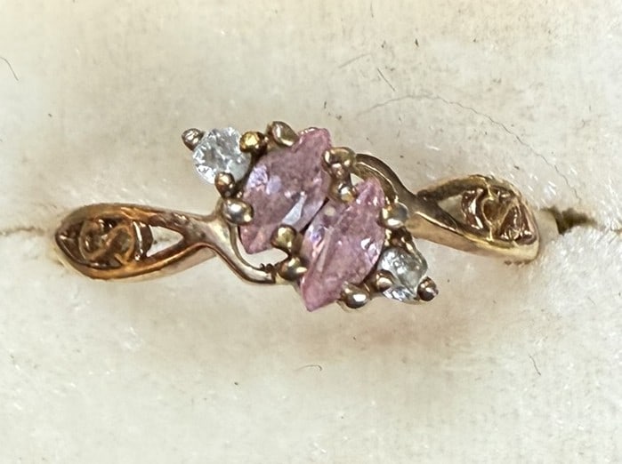 Size 6 Stone & Clear Accent Ring 18K Gold Electroplated Filigree Band: Delicate ladies ring featuring two marquise-cut stones by small clear accent stones in a decorative filigree style mounting. The ring measures approximately size 6 and displays an elegant openwork sho