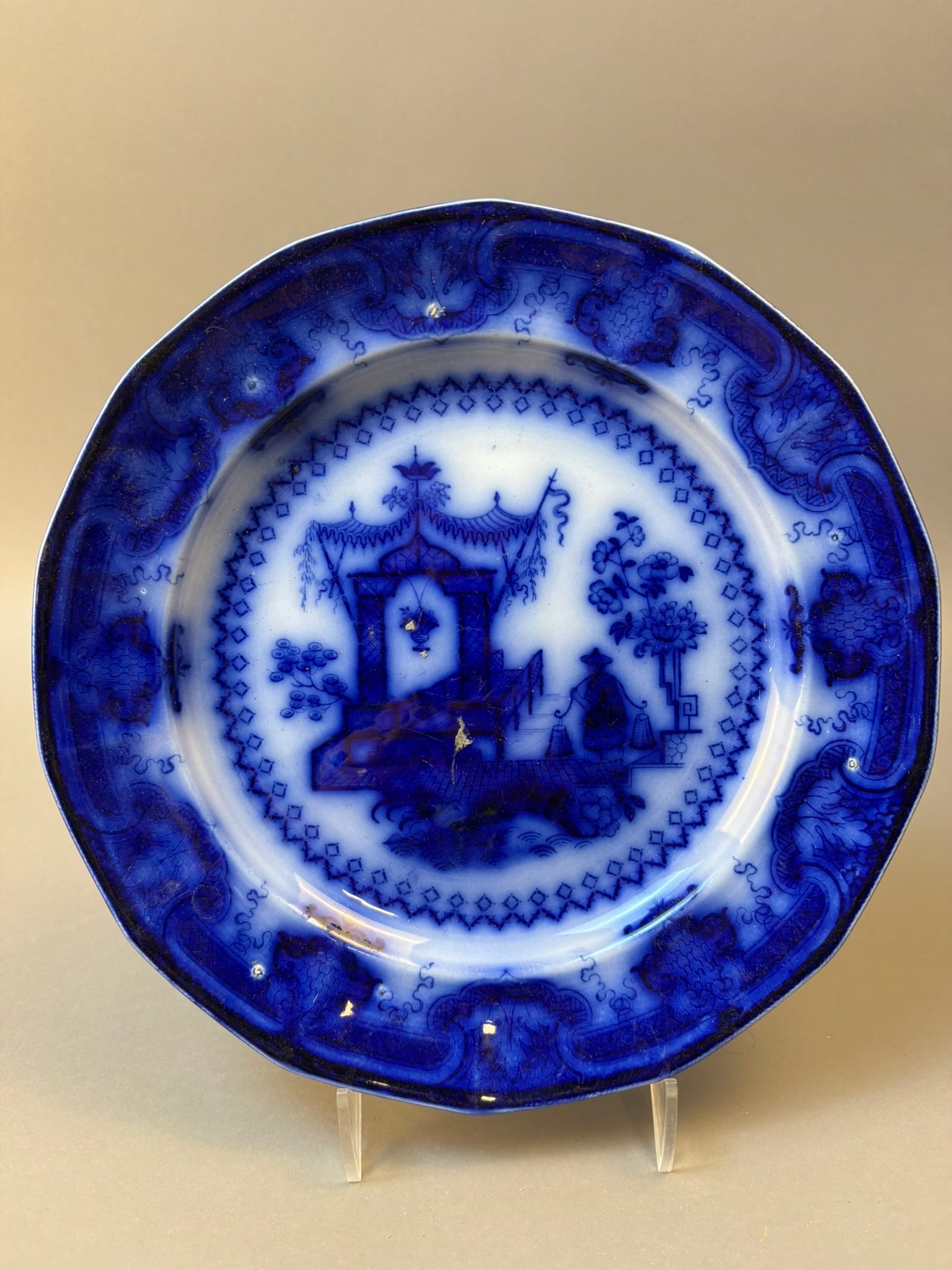 T.J. & J. Mayer Orecon Blue Transfer Porcelain Plate Staffordshire c1850: Victorian Staffordshire blue transfer porcelain plate produced by T.J. & J. Mayer and marked “Orecon Chinese Porcelain Import,” dating to the mid-19th century circa 1845–1865. The pl