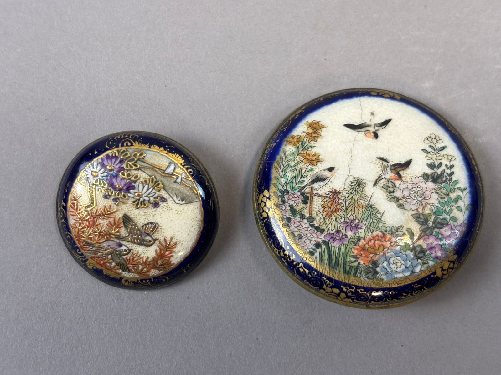 Pair Japanese Satsuma Porcelain Enamel Buttons Brass Mounts Meiji Era (1 of 14)