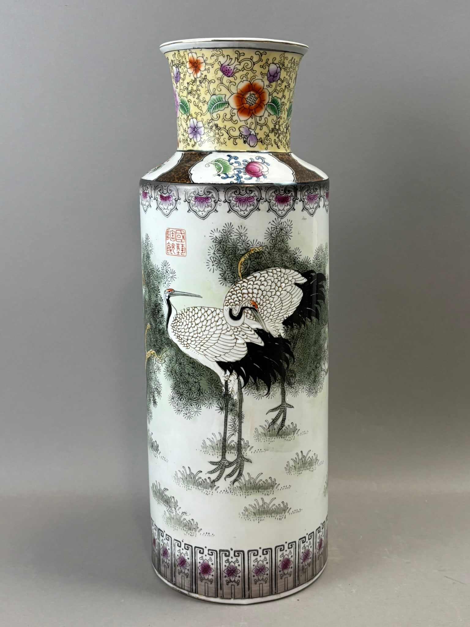 Chinese Porcelain Crane Vase Iron Red Qianlong Seal Mark 18.75in: Chinese porcelain vase decorated in famille rose style enamels depicting a pair of cranes standing beneath pine branches within a landscaped setting, a traditional Chinese motif symbolizing longevity