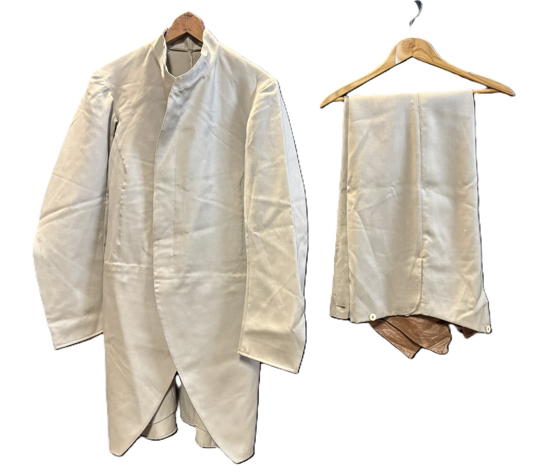 Early 19thC Mens Tailcoat & Trousers Set Bone Buttons Maritime Attire: Early to mid-19th century gentleman’s two-piece suit consisting of a cream colored tailcoat and matching trousers, attributed to maritime or merchant wear and reportedly associated with a whalin