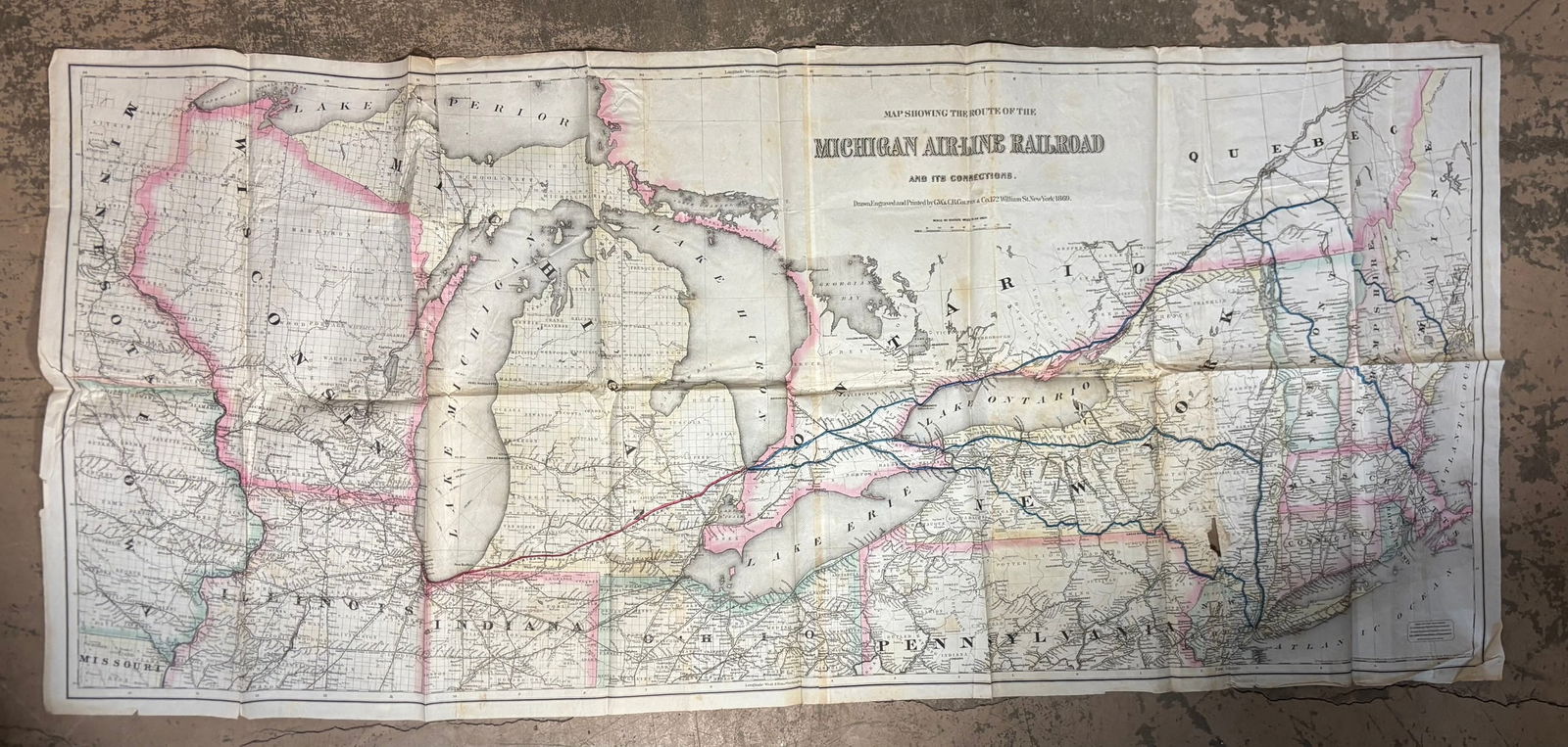 1869 Michigan Air Line Railroad Map Colton Great Lakes Rail Route: Large 19th century folding railroad map titled “Map Showing the Route of the Michigan Air-Line Railroad and Its Connections,” drawn, engraved and printed by G.W. & C.B. Colton & Co., 172 W