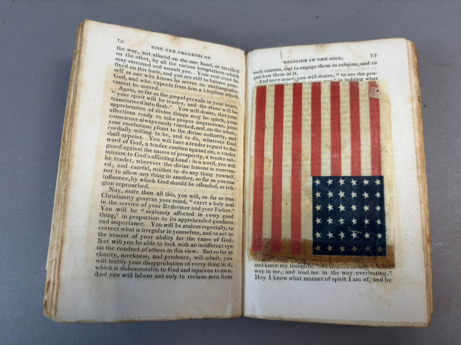 19th C Philip Doddridge Rise & Progress Religion Pocket Book w 36 Star Flag: Mid-19th century pocket devotional edition of The Rise and Progress of Religion in the Soul by Philip Doddridge, bound in period paper boards with cloth spine and measuring approximately 5.5 × 3.