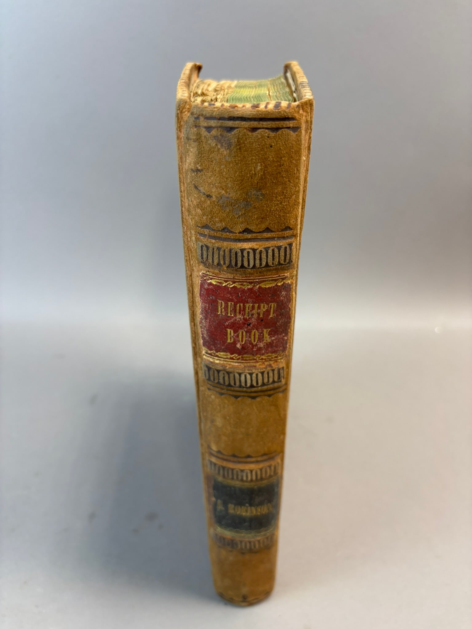 19th Century Handwritten Receipt Book Cookbook Scrapbook George Robinson: Interesting 19th century handwritten receipt and household notebook bound in a decorative leather binding titled Receipt Book on the spine with the name C. Robinson stamped in gilt below. The volume m
