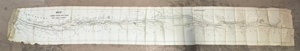 1851 12' Map Hudson River Railroad New York to Albany W.C. Moore Lithograph: Large mid-19th century lithographed railroad map titled “Map of the Hudson River Rail Road from New York to Albany,” illustrating the Hudson River corridor from Manhattan northward through