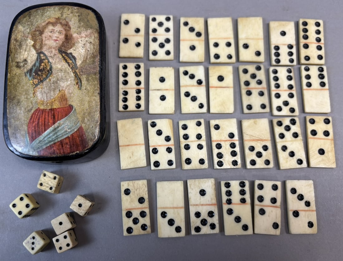 Mid 19th C Carved Bone Domino Set w Hand Painted Figural Case & Dice: Charming mid 19th century carved bone domino set housed in a decorative hand-painted case featuring a figural portrait of a young woman on the lid, accompanied by six bone gaming dice. The set include